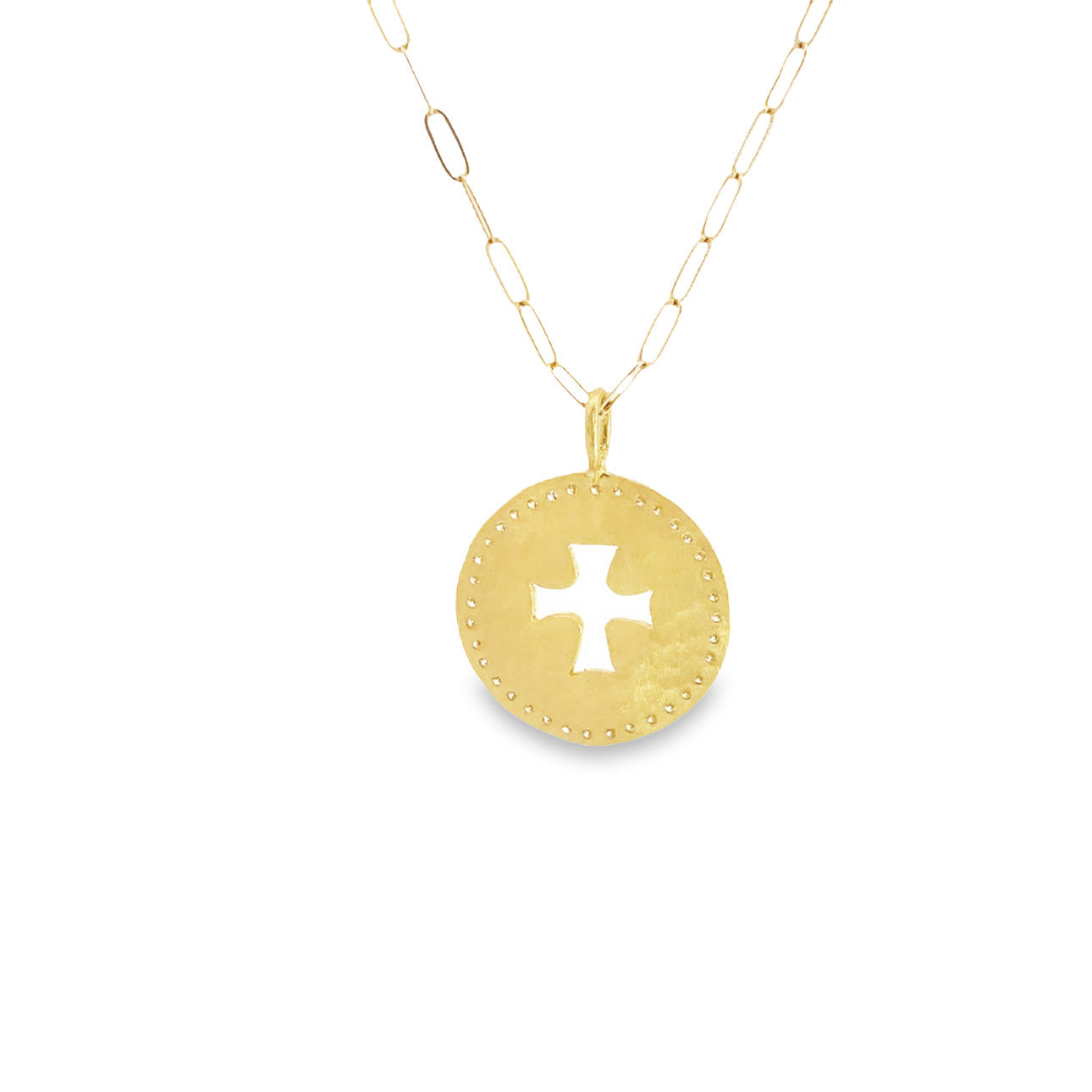 WD630 - 14kt gold diamond .28ct pave set diamond cross coin on 18inch linked chain necklace