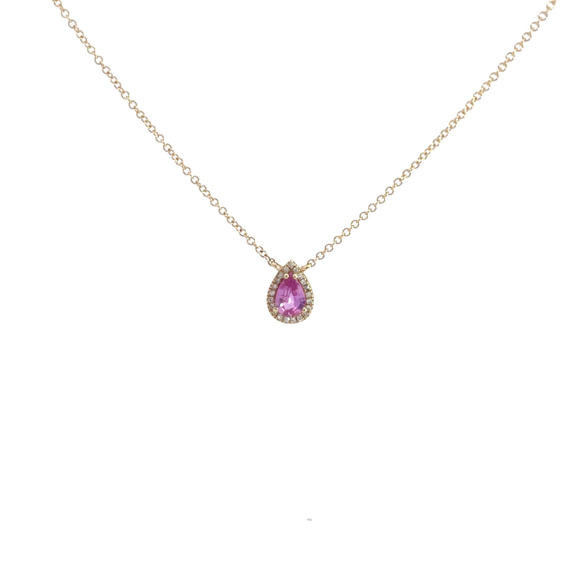 WD1199 14kt Gold Pear shaped Pink Sapphire with Diamond Halo Necklace