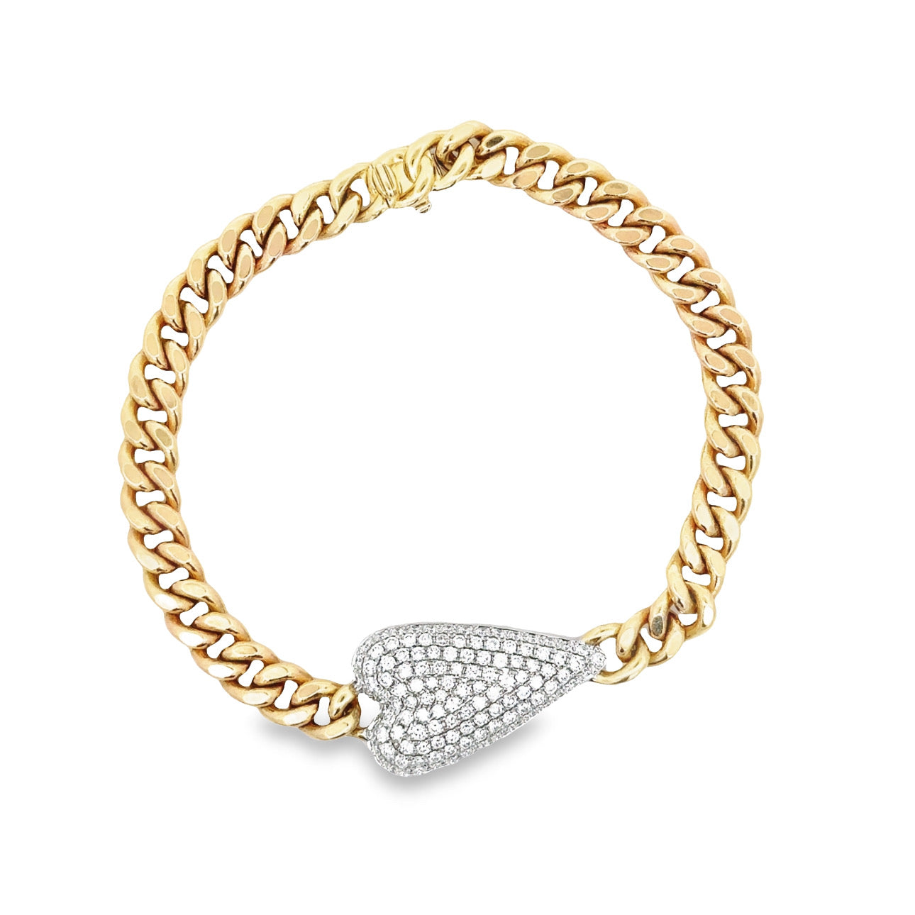 WD1242 14kt Gold Cuban Link Chain with Pave Diamond Heart Bracelet