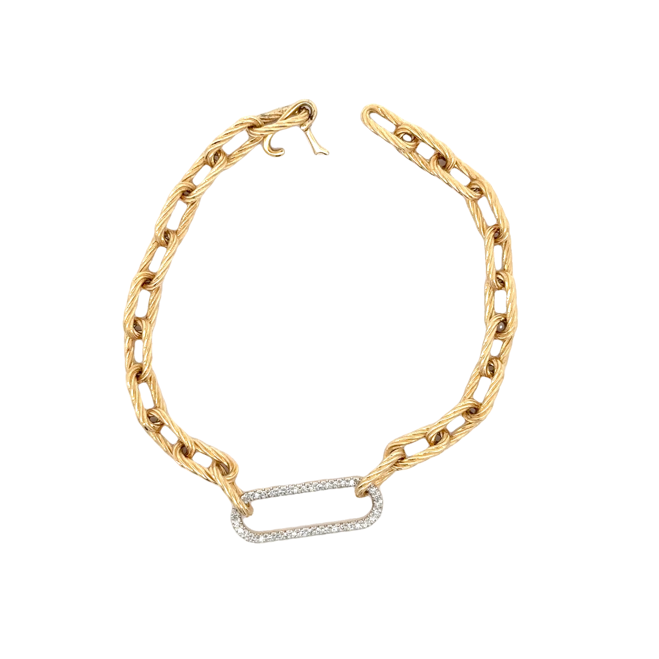 WD1704 14kt Gold Textured Paperlink Bracelet with Large Pave Diamond Paperlink Cluster