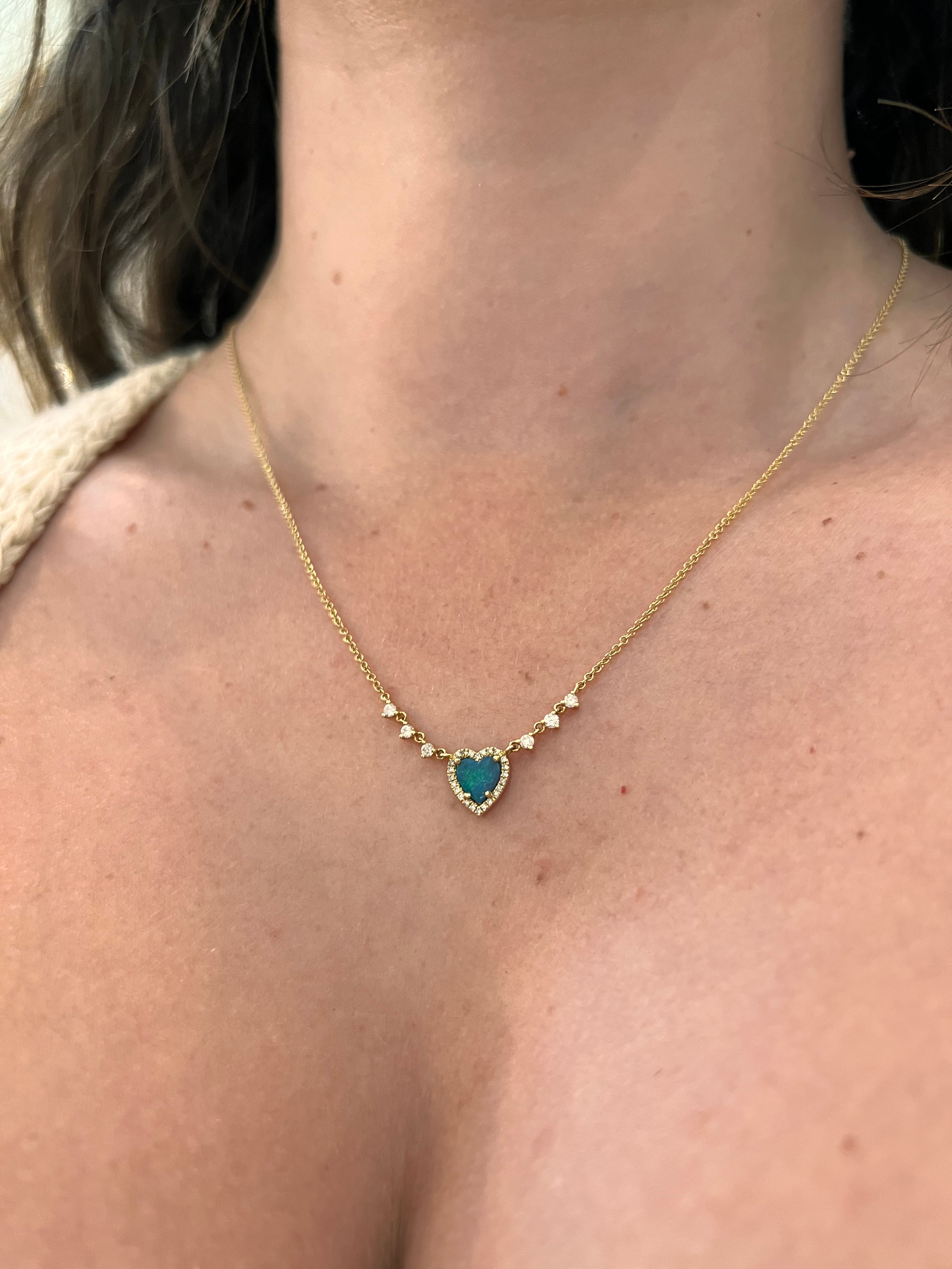 WD1323 14kt Gold Opal Heart with Diamond Halo and Diamond Detail Chain Necklace