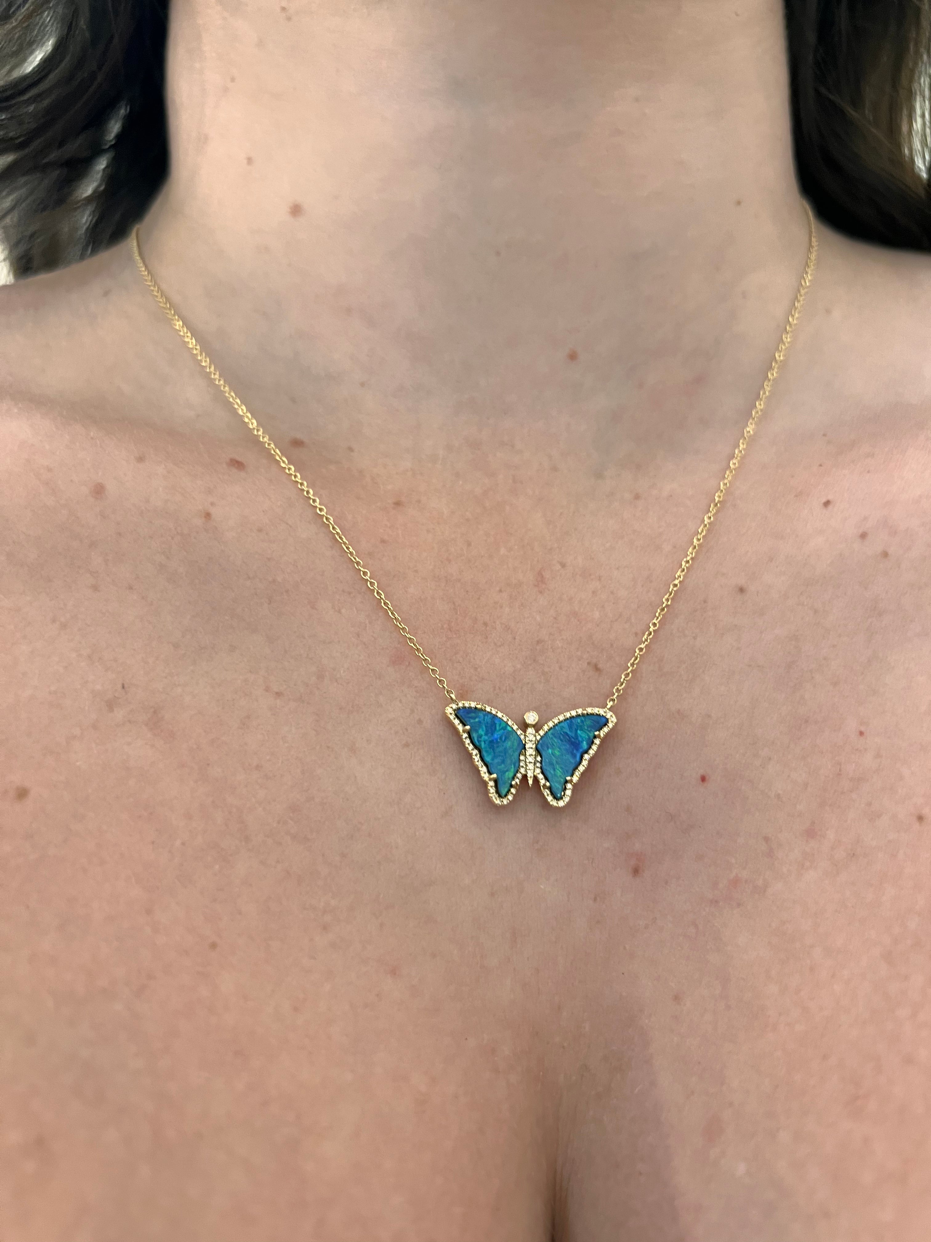 WD1326 14kt Gold Opal Winged and Pave Diamond Detailed Butterfly Necklace