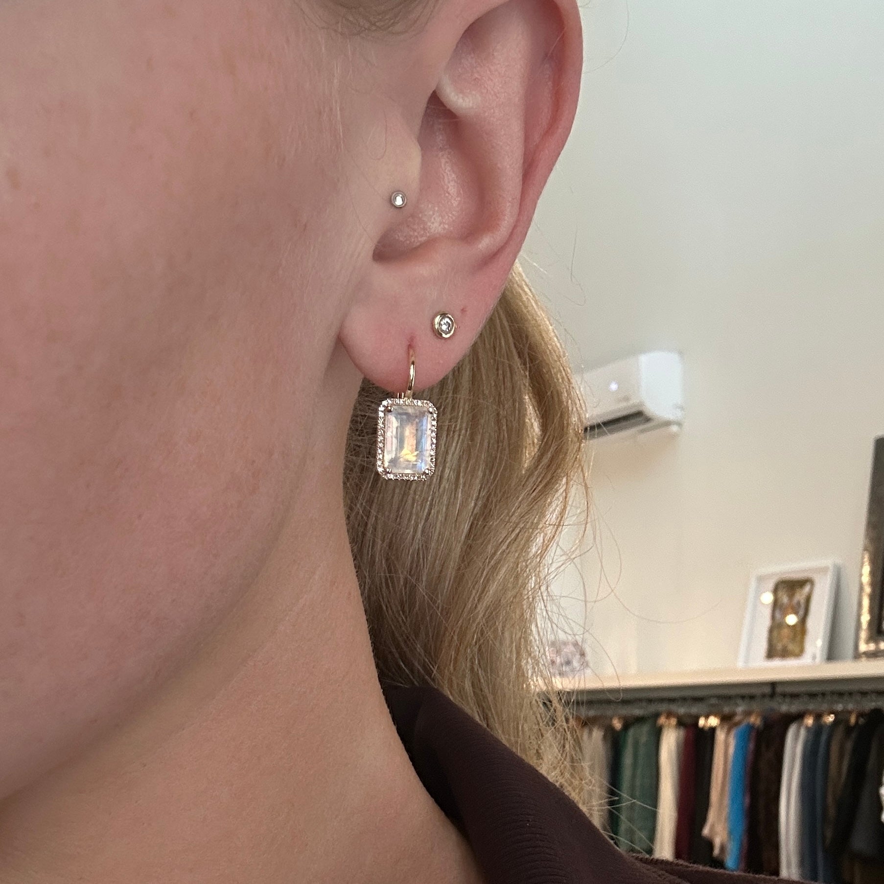 WD1812 14kt Yellow Gold Emerald Cut Moonstone with Diamond Halo