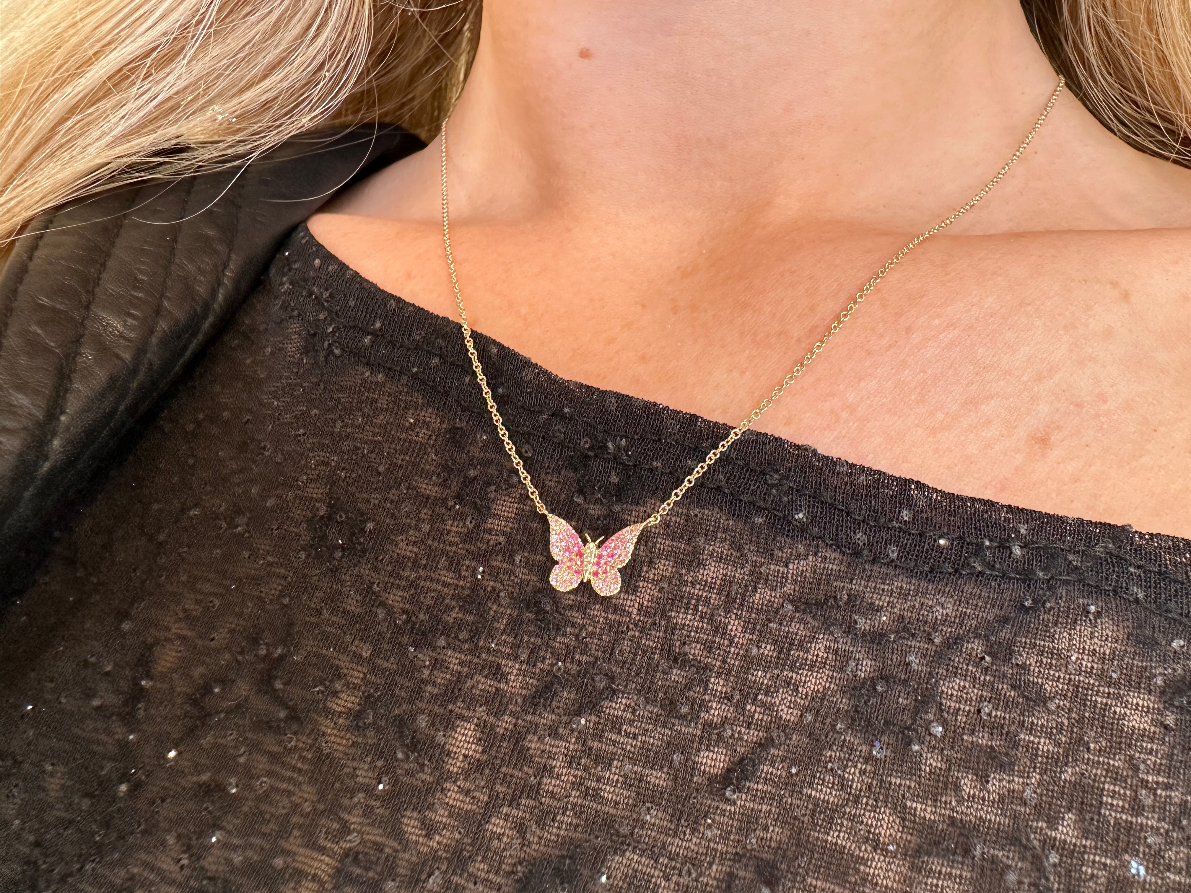 WD1322 14kt Gold Ombre Pink Sapphire Butterfly Necklace