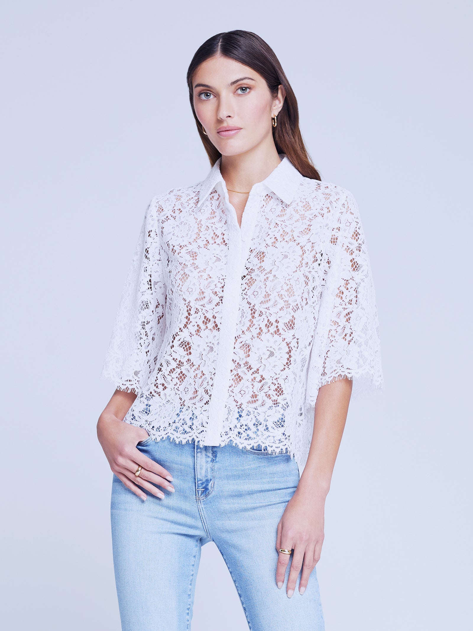 40526ackW L'AGENCE Fern Short sleeve Lace Shirt