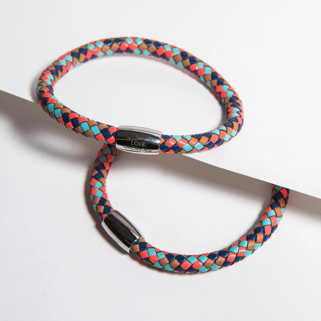 Lg106 LOVE Grenades Stainless with Woven Multi-Colored leather bracelet