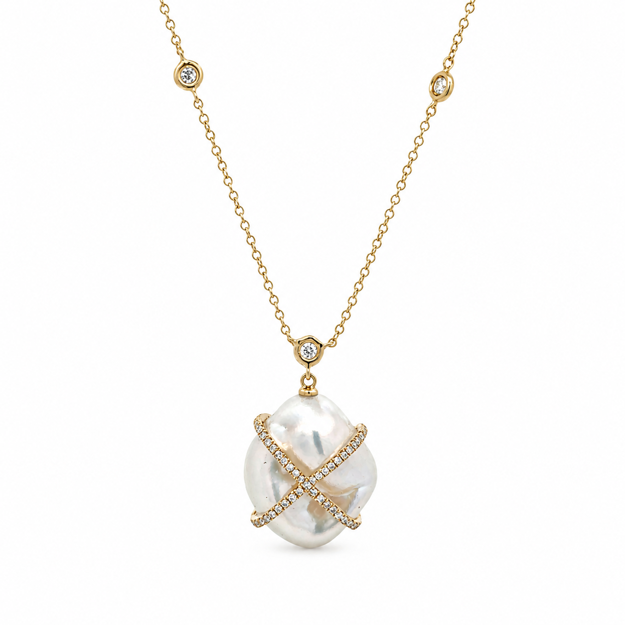WD1959 14K Gold Baroque Pearl & Diamond Necklace