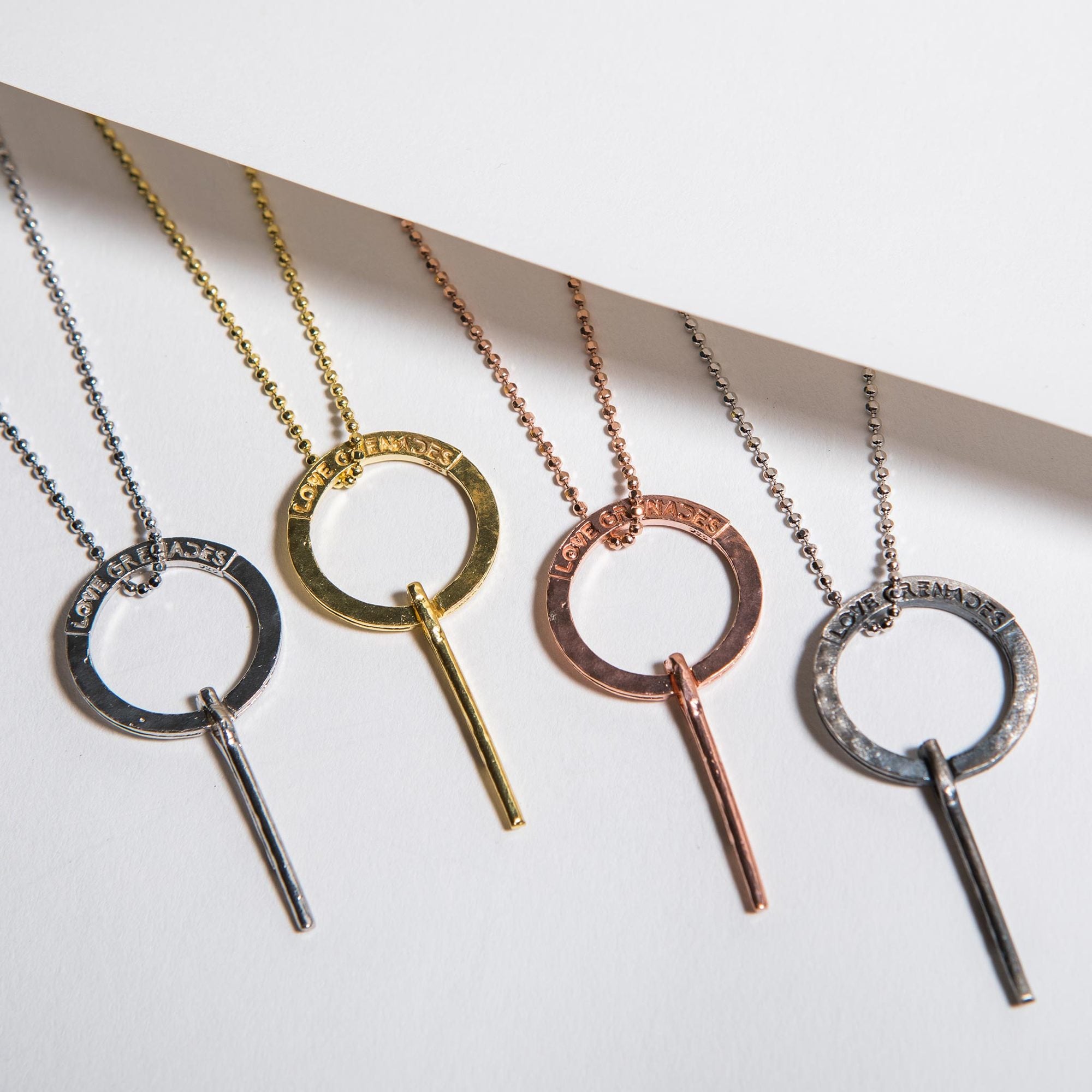 LG100 LOVE Grenades Sterling base with 14kt plating Large Grenade Pin w 30inch ball chain.