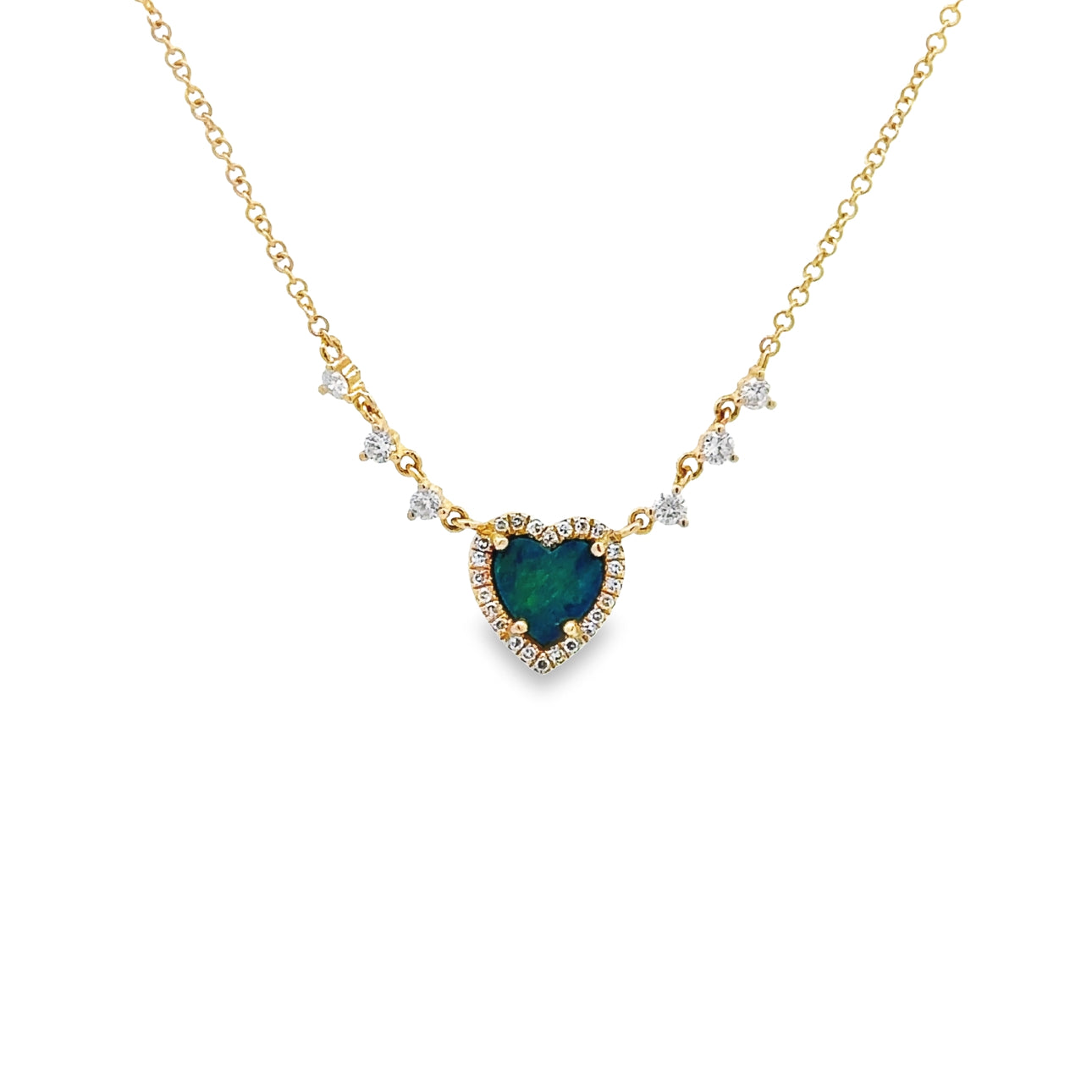 WD1323 14kt Gold Opal Heart with Diamond Halo and Diamond Detail Chain Necklace