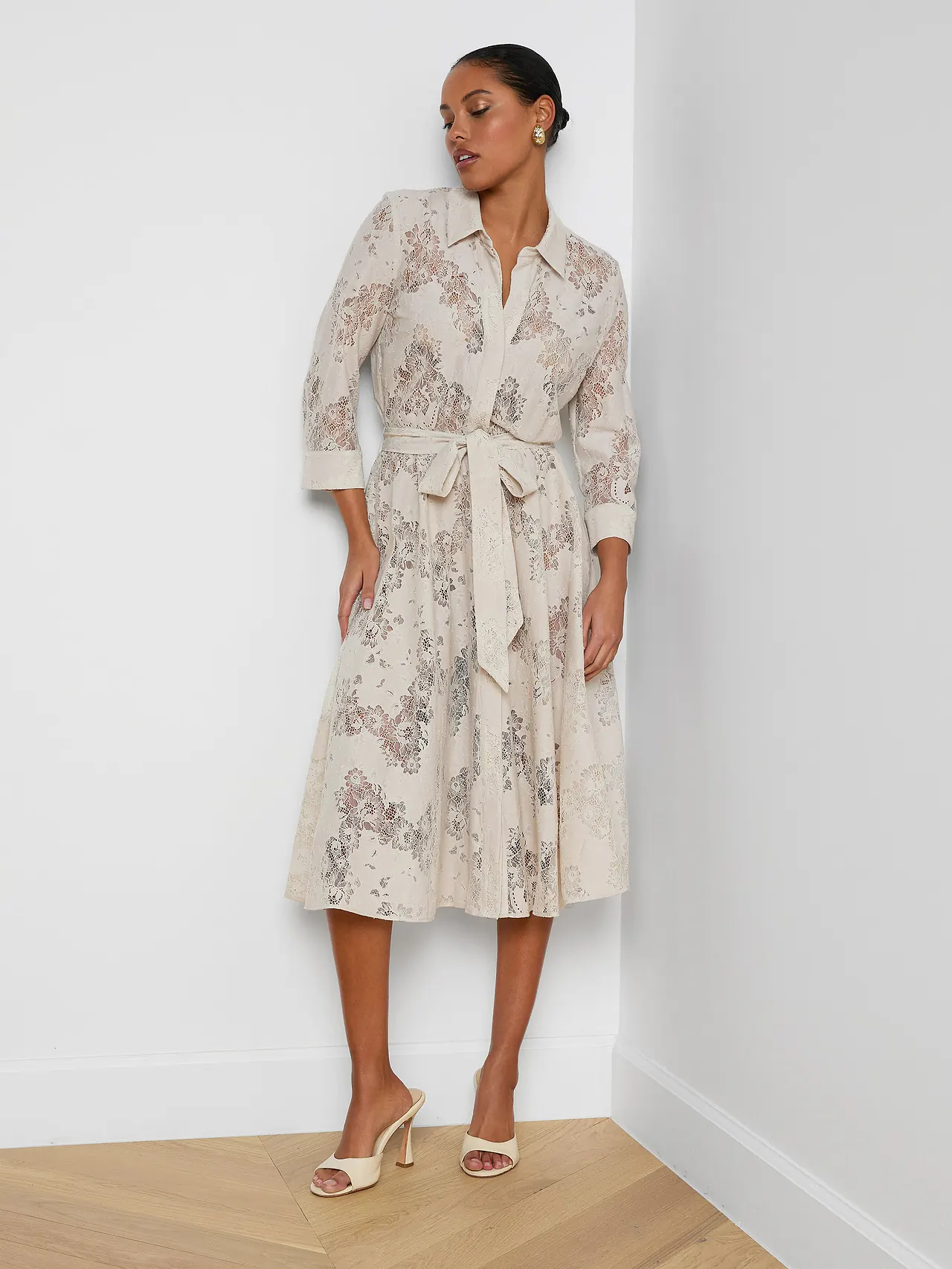 61689ACEc L'AGENCE RALPHIE 3/4 SLEEVE MIDI DRESS