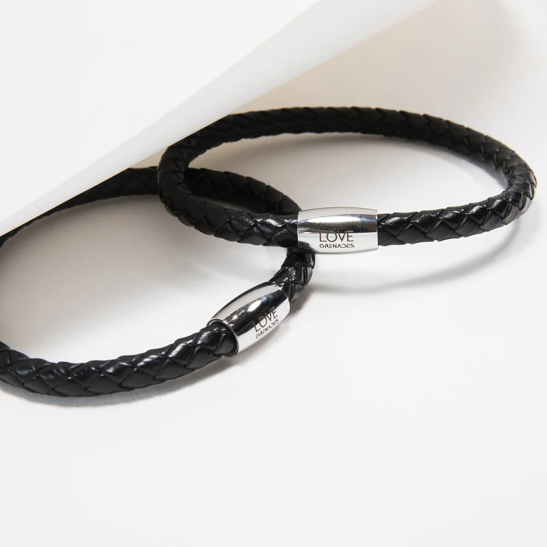 Lg106 LOVE Grenades Stainless with Woven Black leather bracelet