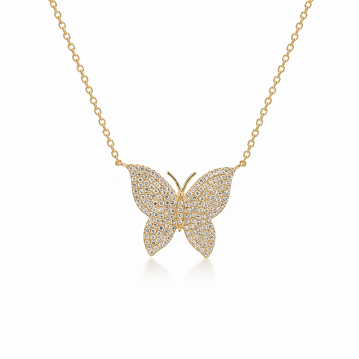 14kt yellow gold pavé diamond butterfly necklace on an adjustable chain