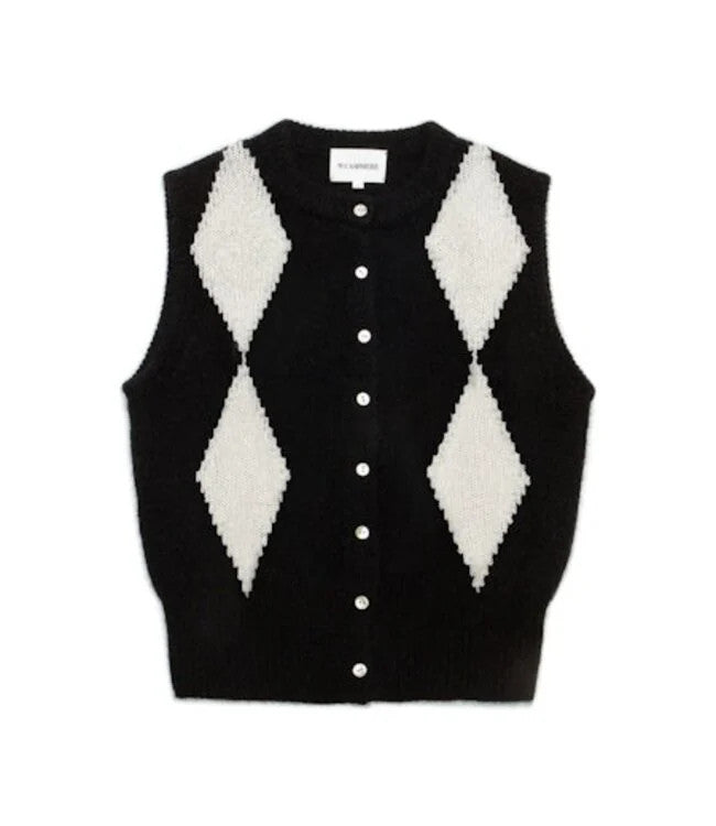 25FHA0162bc W.Cashmere Fleur Argyle Sleeveless Cardigan