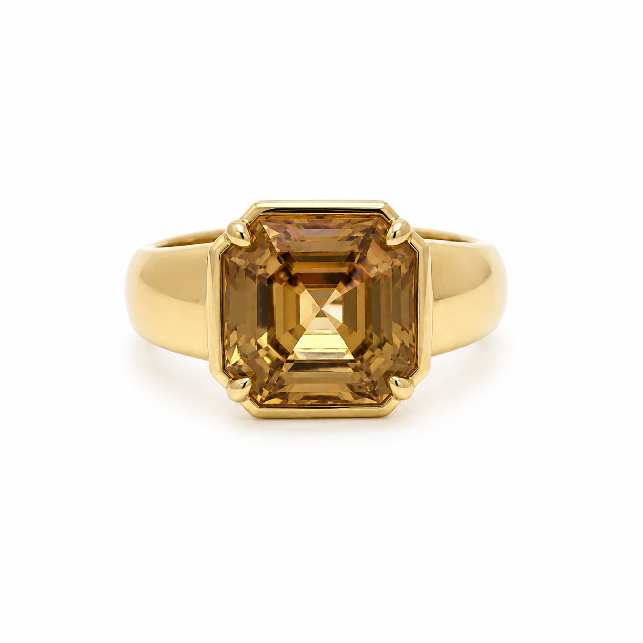 14K yellow gold ring featuring a natural Asscher-cut brown zircon gemstone by Annmarie D'Ercole