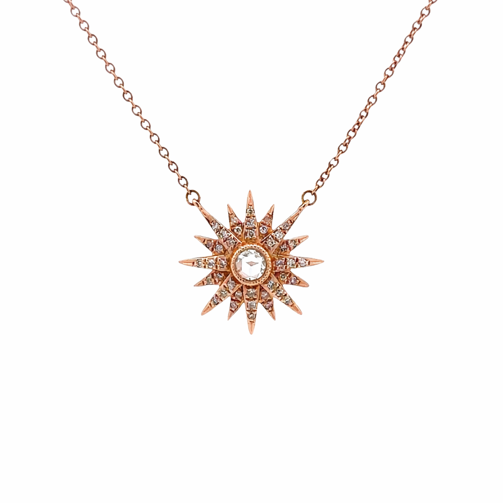 mn4399 14kt Rose Gold Diamond Starburst Necklace