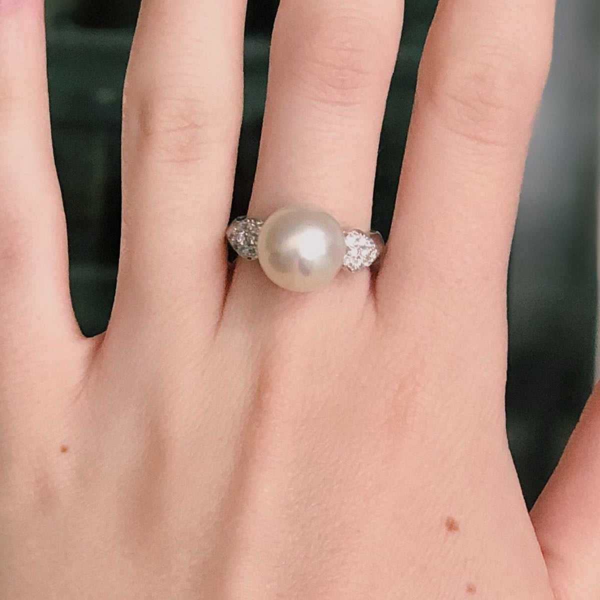 14kt White Gold South Sea Pearl and Diamond Ring worn on hand