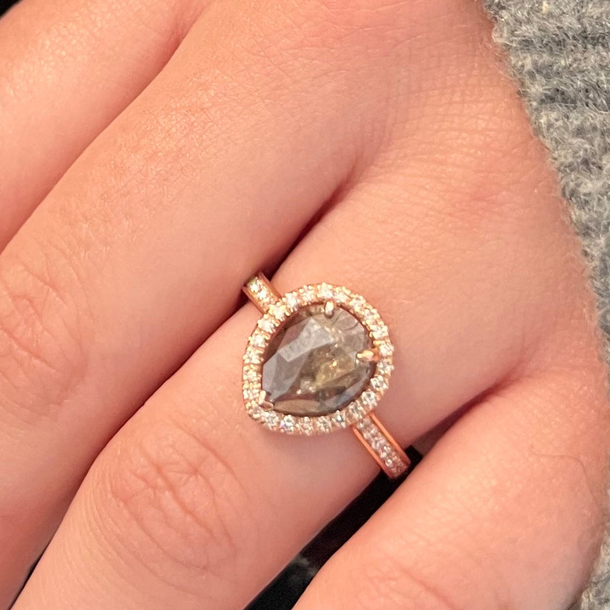 WD1127 14kt Pear Shape Rose Cut Raw Diamond Ring worn on hand