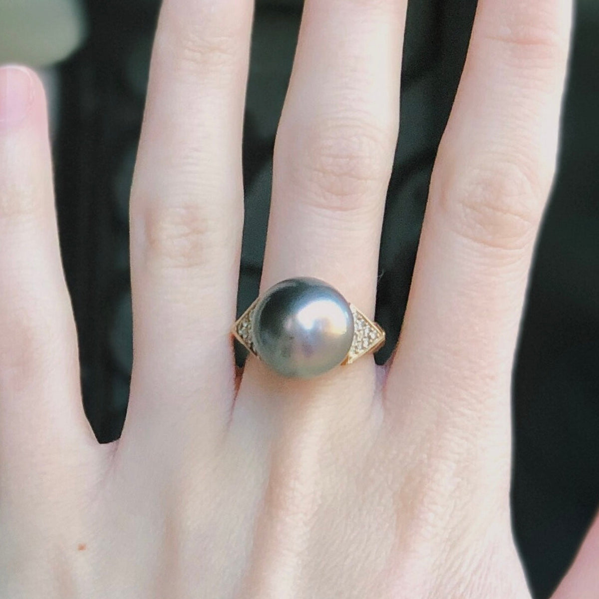 14kt Yellow Gold Black Tahitian Pearl and Diamond Ring worn on hand