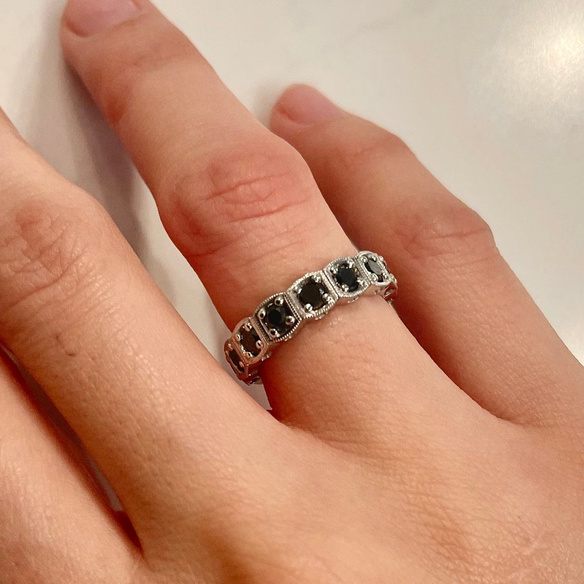 WD386 Cushion Bezel Eternity Band worn on hand