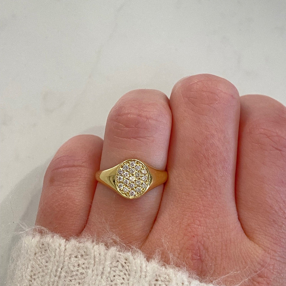 WD86 14kt Diamond Oval Pave Signet Ring worn on hand