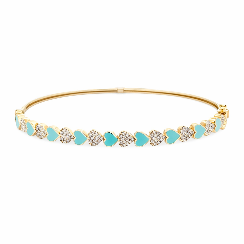 B12516Q 14Kt Yellow Gold Bangle with Heart Diamond Accents