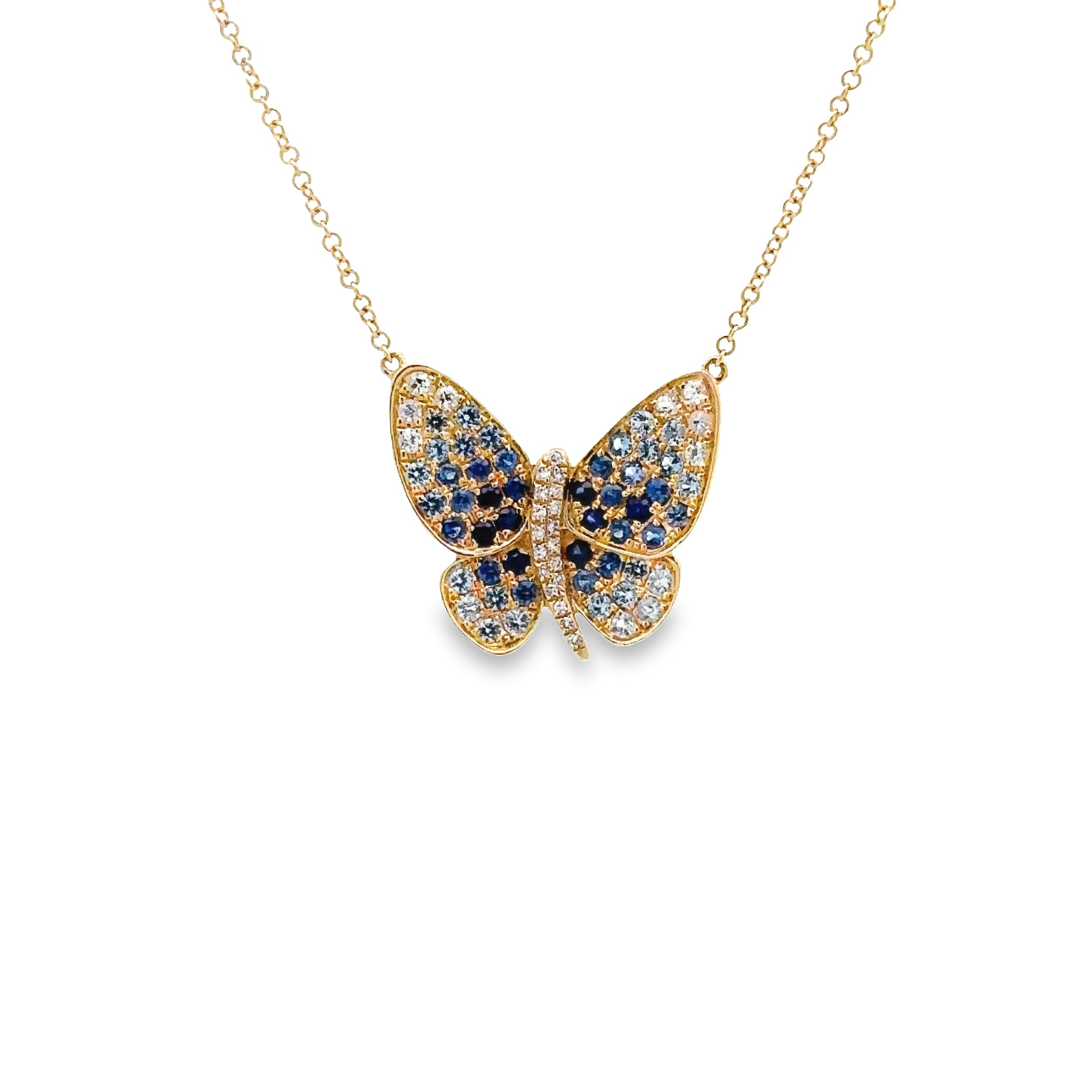 WD1324 14kt Gold Ombre White and Blue Sapphire Butterfly Necklace
