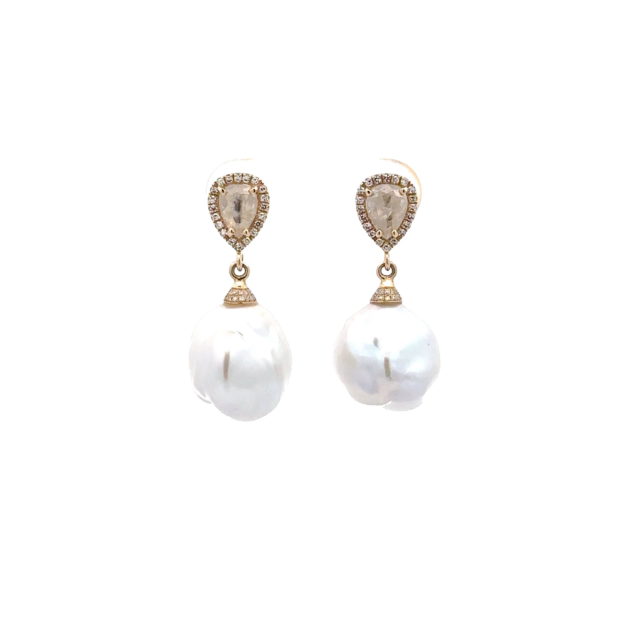 WD1330 14kt Gold Pear Shaped Rose Cut Champagne Diamond with Diamond Halo and Baroque Drop Pearl Earrings