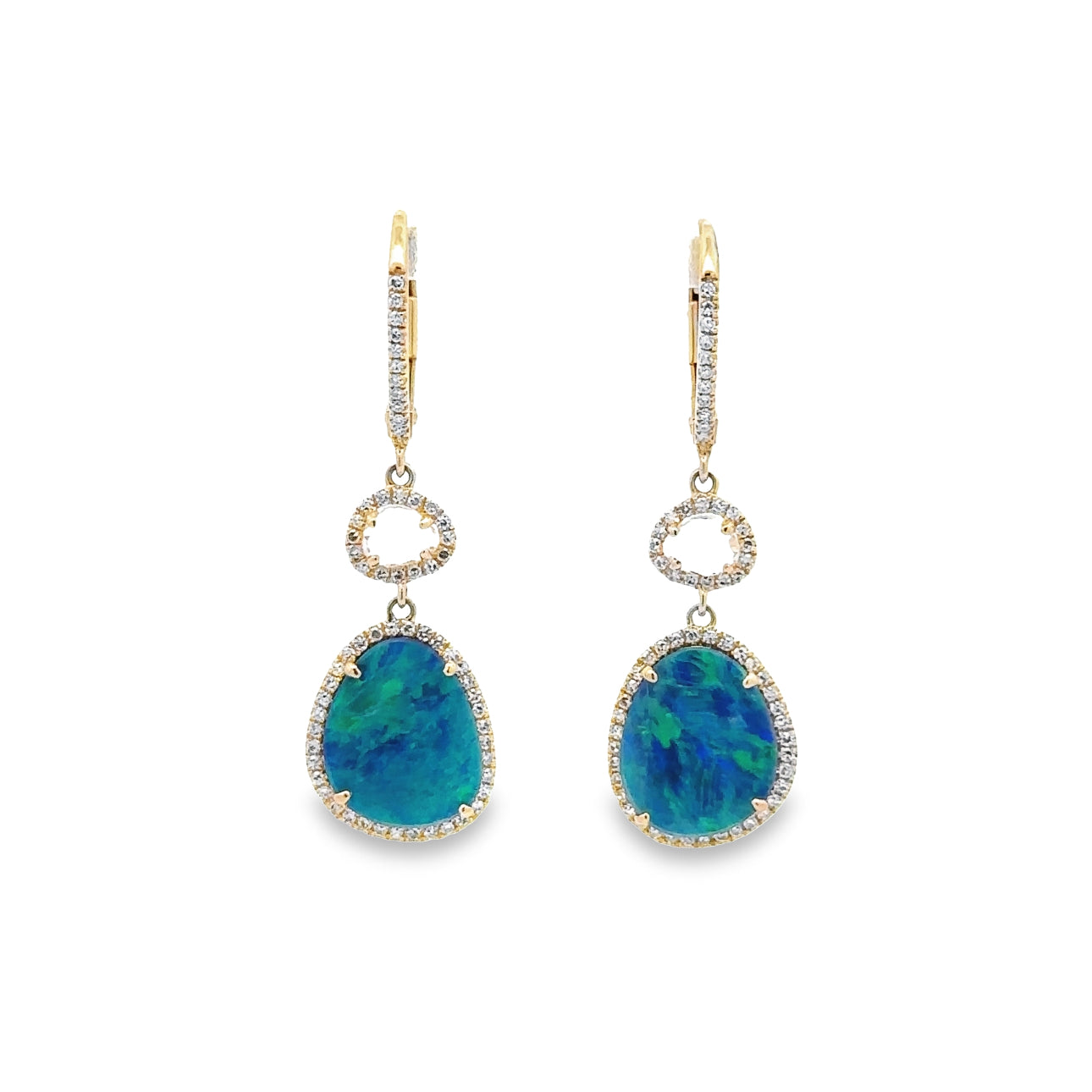 WD1332 14kt Gold White Topaz and Opal Drop Earring with Diamond Detail