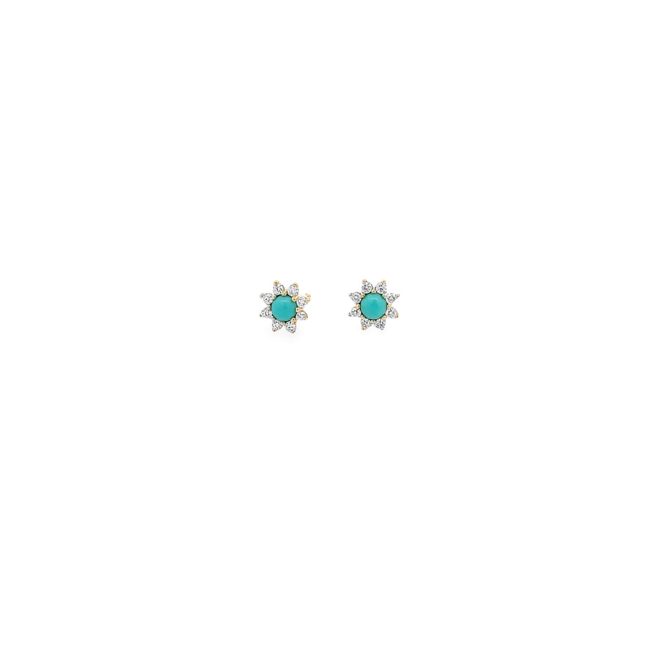 WD1300 14kt Gold Starburst Flower Stud Earrings with Turquoise and Diamonds