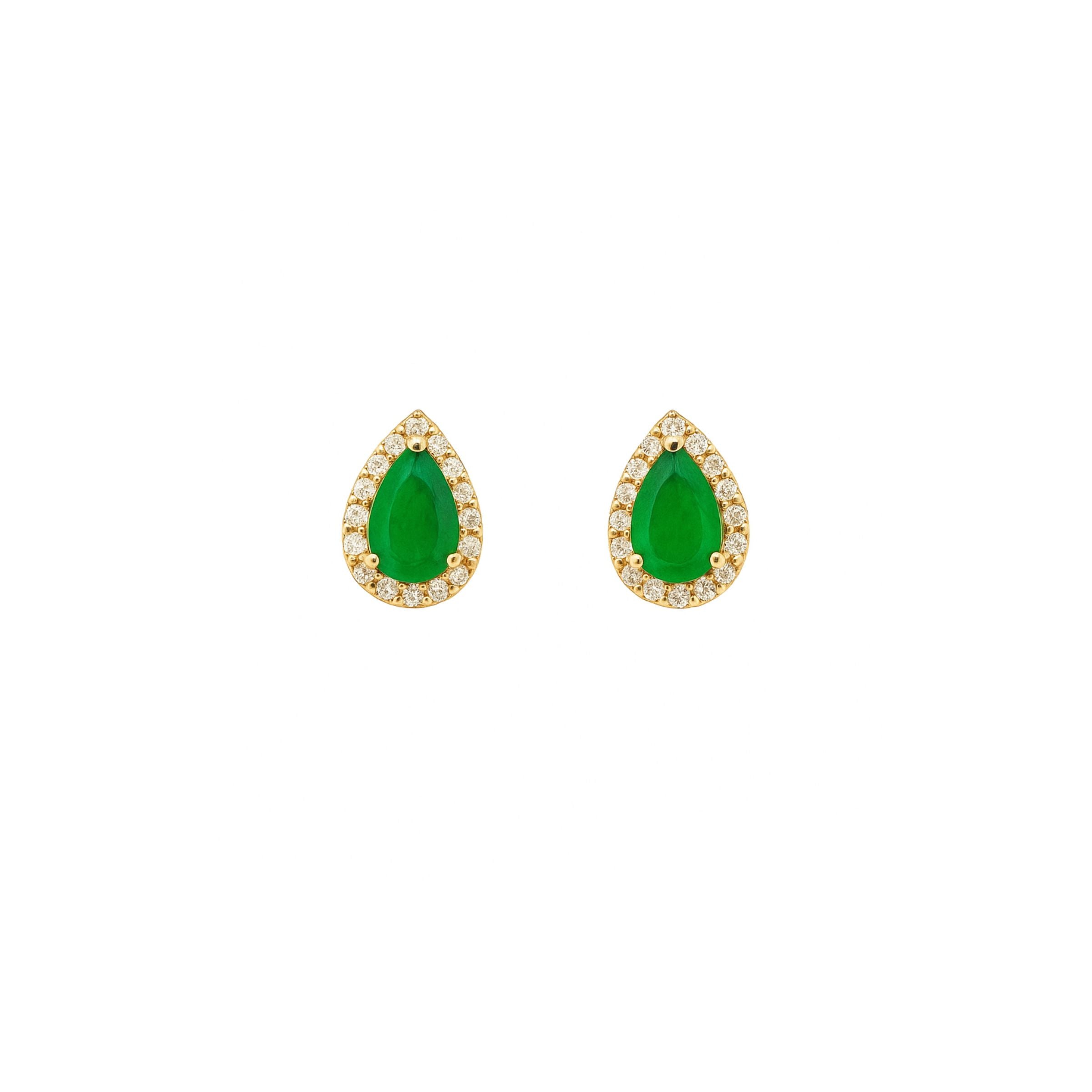 WD1782 14kt Gold Pear shaped Emerald Studs Wirth Diamond Halo
