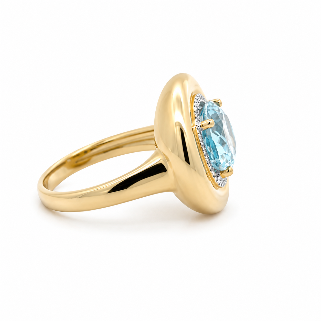 WD1969 14K Yellow Gold 4.47 Carat Blue Topaz & Diamond Halo Statement Ring