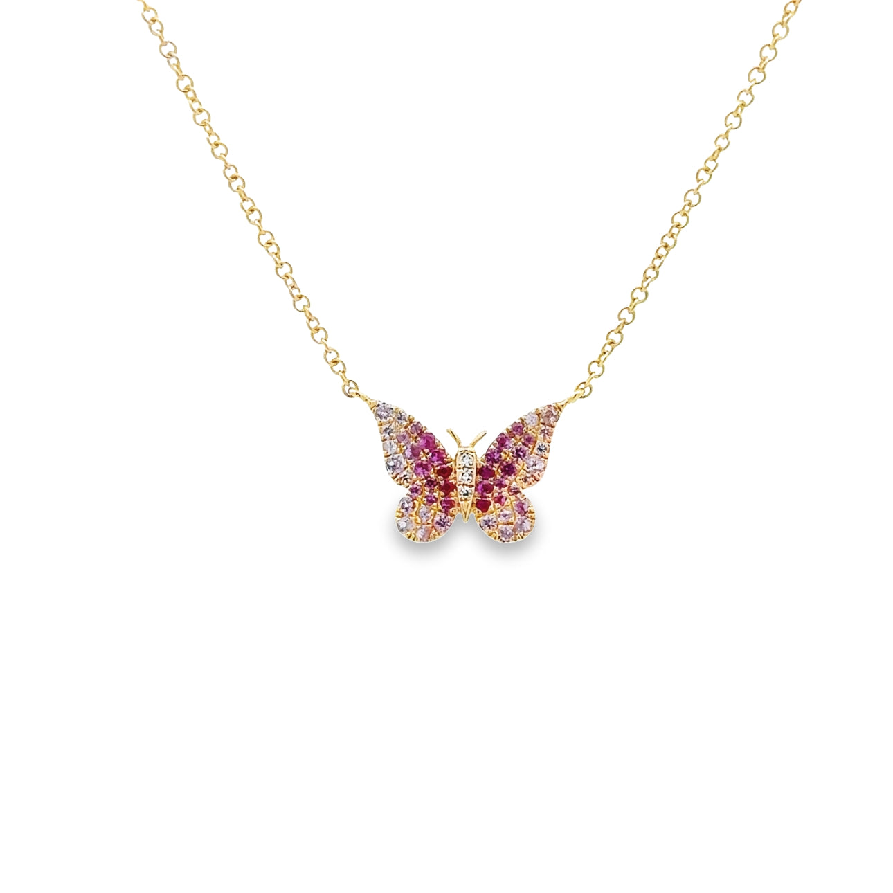 WD1322 14kt Gold Ombre Pink Sapphire Butterfly Necklace