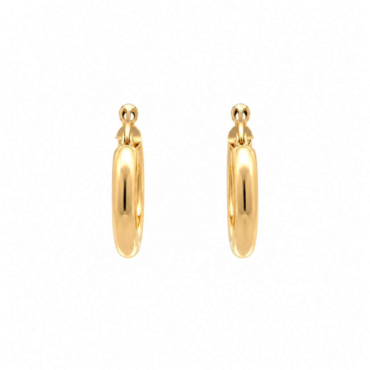 Pair of 14KT yellow gold Italian tube hoop earrings with smooth polished rounded profiles and hinged closures on white background.