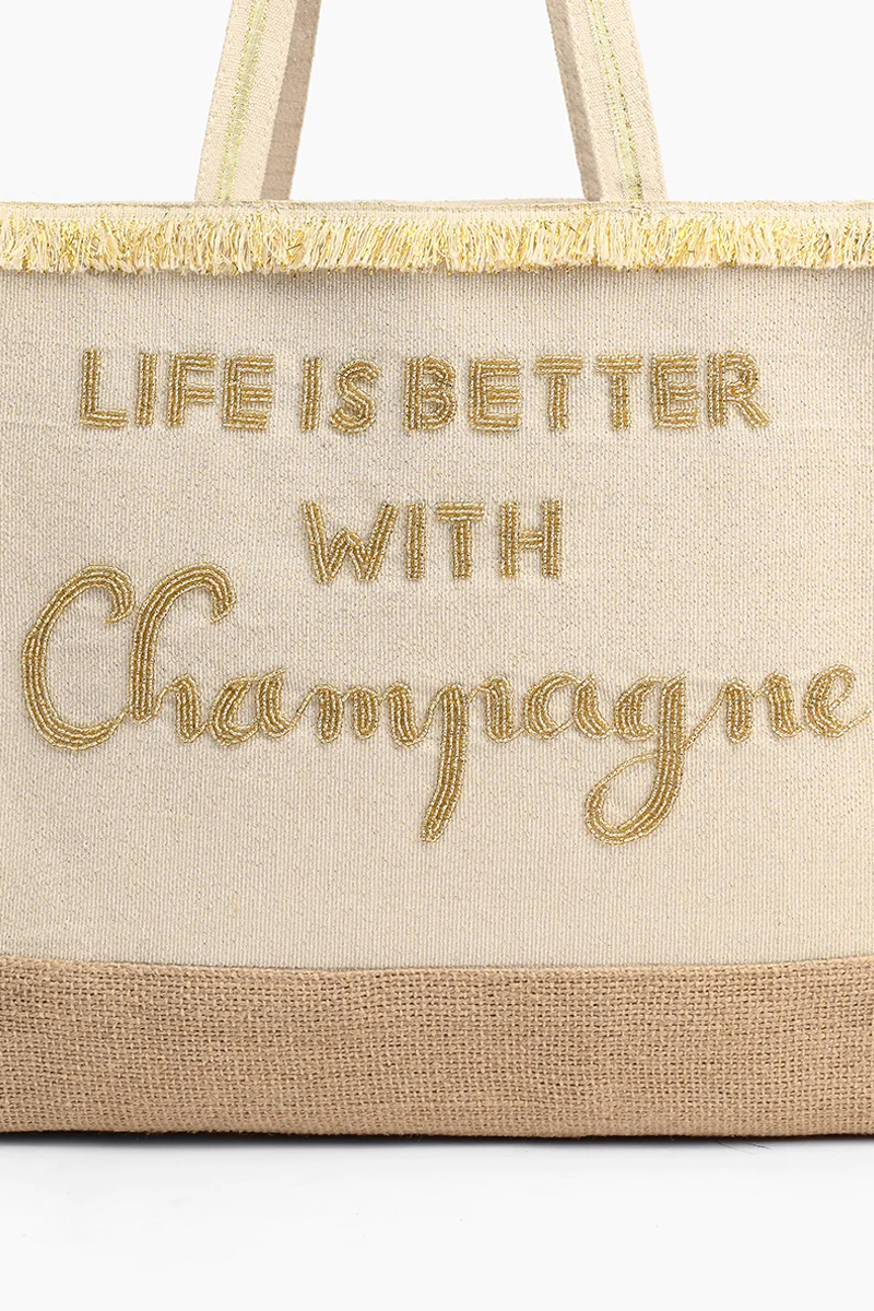 AB21-390 America & Beyond  Champagne Forever Tote-Hand Beaded Jute Tote For Women