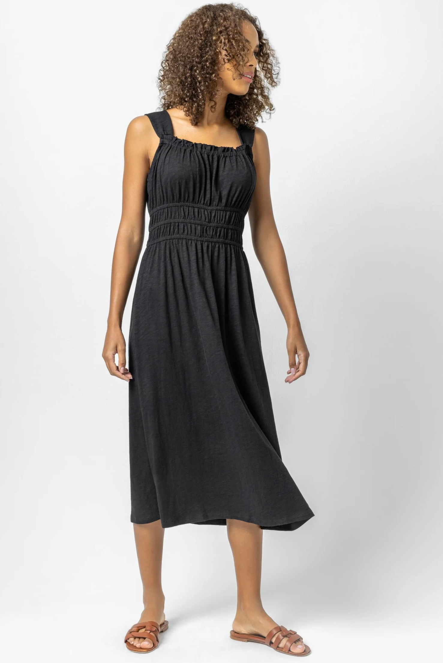 PA2191-FIG Lilla P Ruched Midi Dress