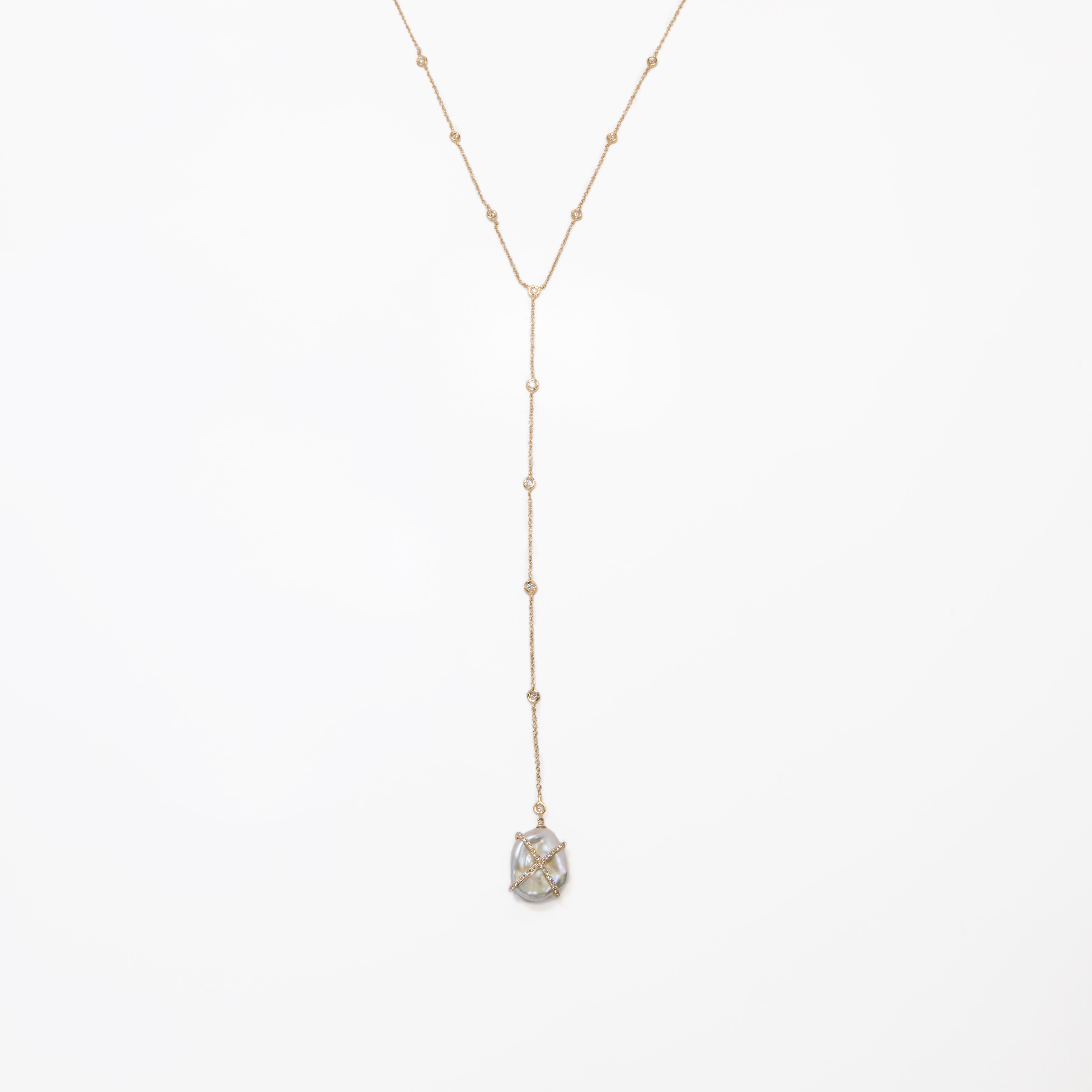 WD481, 14kt gold, .49ct diamond and pearl lariat necklace