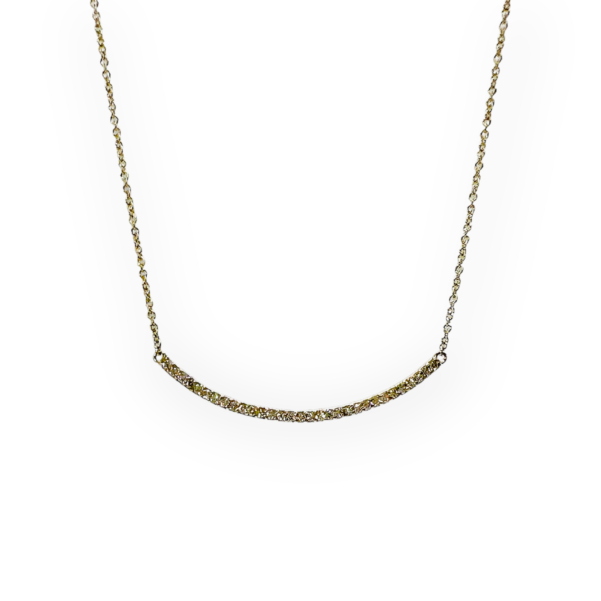 WD75white 14kt gold curved shared prong bar necklace
