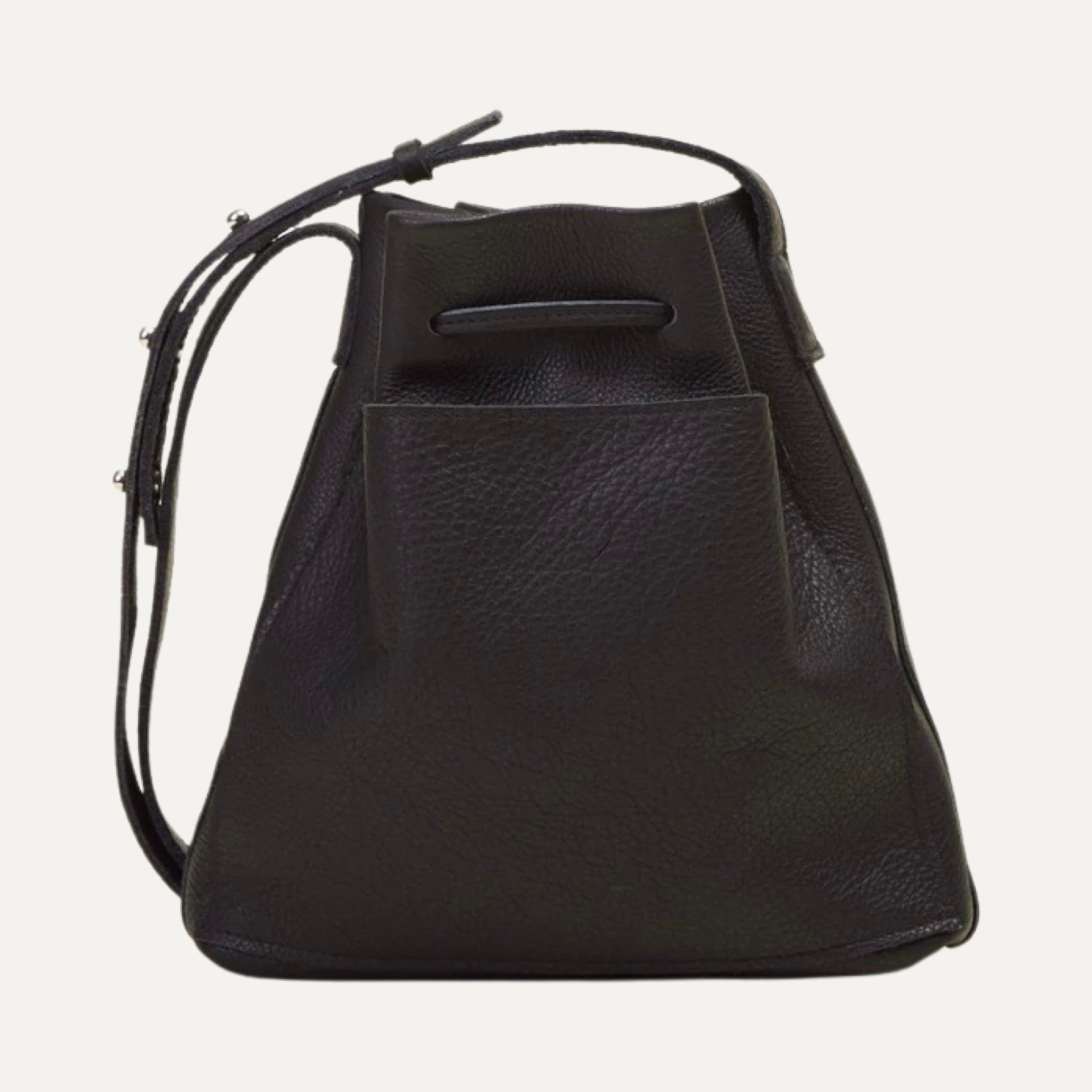 Black Mini Crossbody Tote Bag with leather drawstring closure with adjustable strap & exterior phone pocket.   California Dreamed and Stitched® Made in the USA.  SPECIFICATIONS  EXTERIOR and INTERIOR  Buttery Italian Leather interior &am