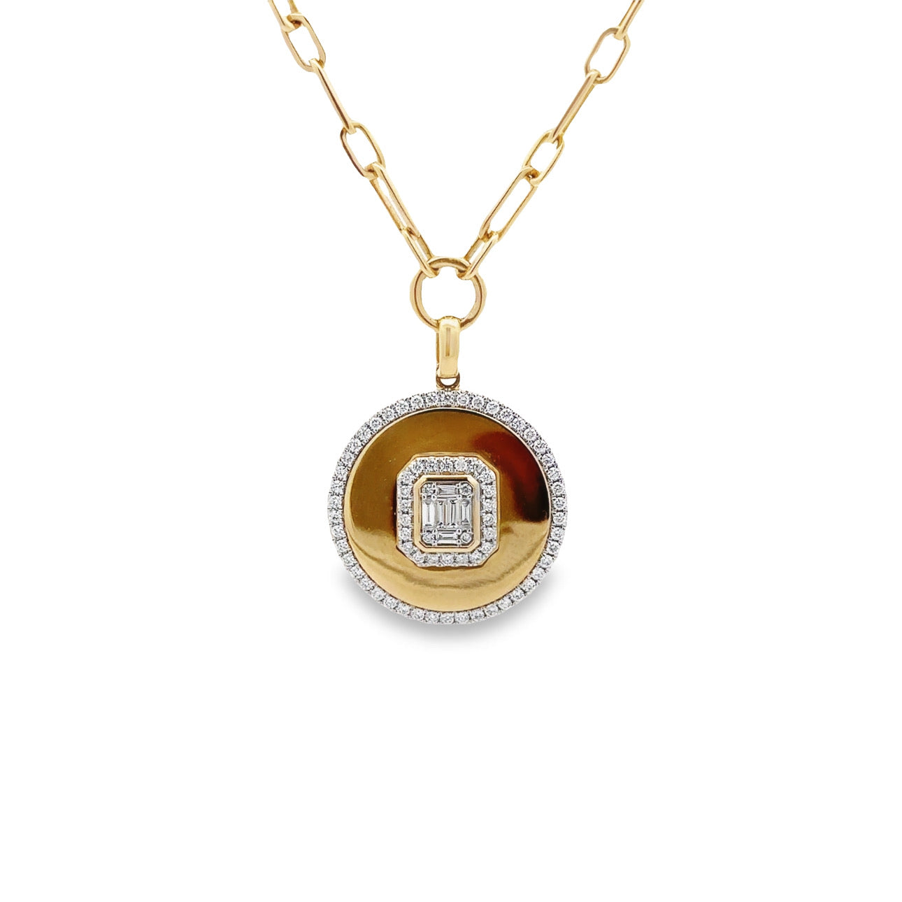 WD1249 14kt Gold Diamond Detailed Coin with Attached Paper Link Chain