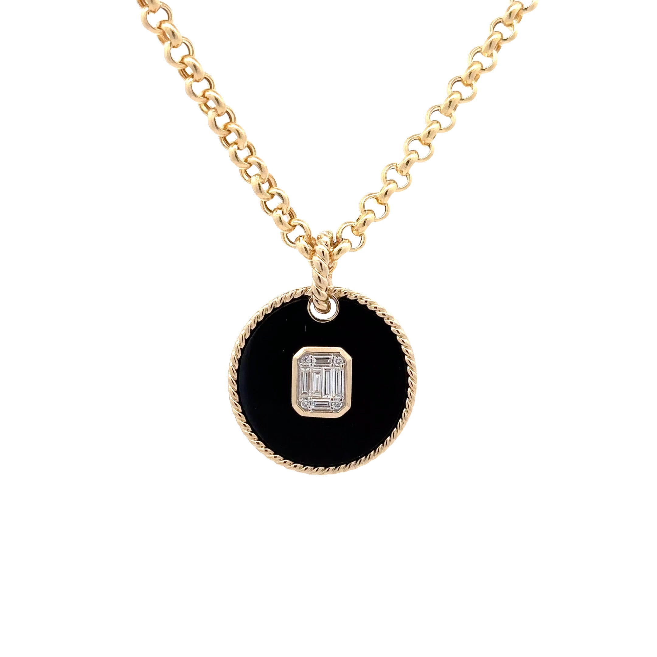 WD1251 14kt Gold Black Onyx Coin with Baguette Emerald Cut Diamond Necklace