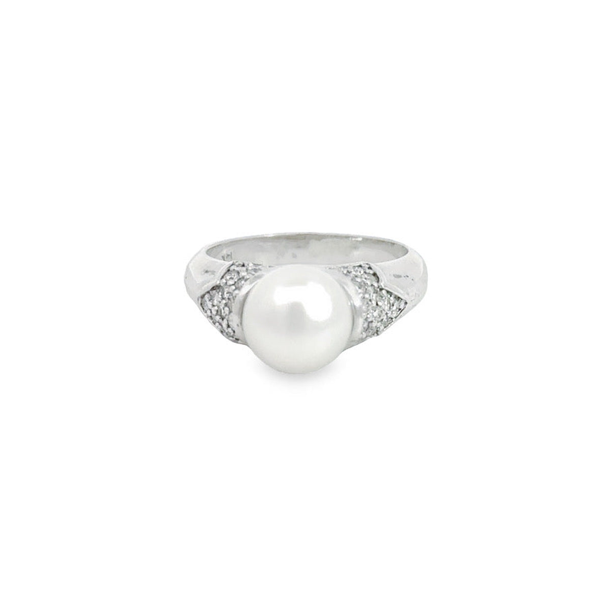 14kt white gold 8.8mm cultured Japanese pearl ring with diamonds by Annmarie D'Ercole