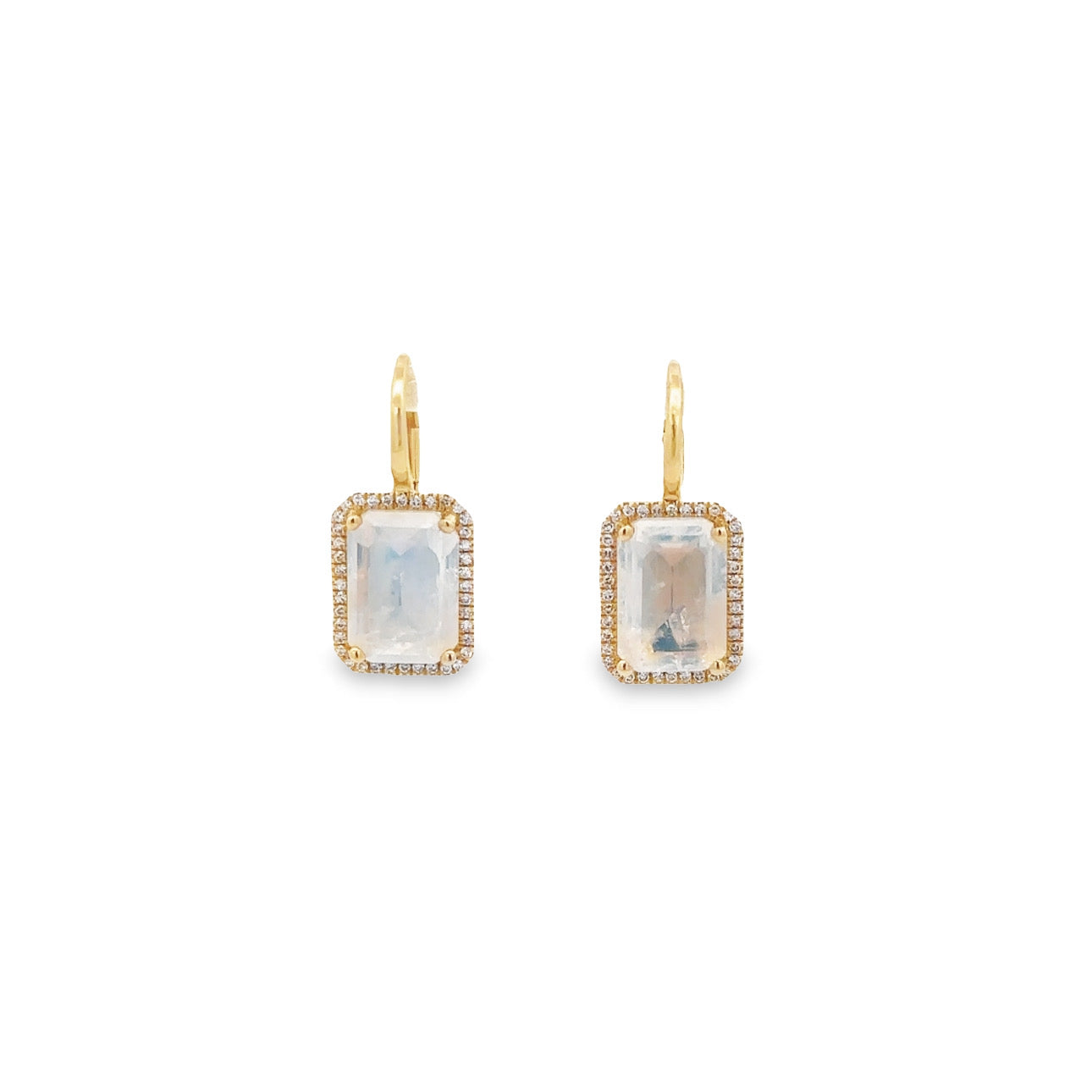 WD1239 14kt Gold Emerald Cut Moonstone Drop Earrings with Diamond Halo Studs