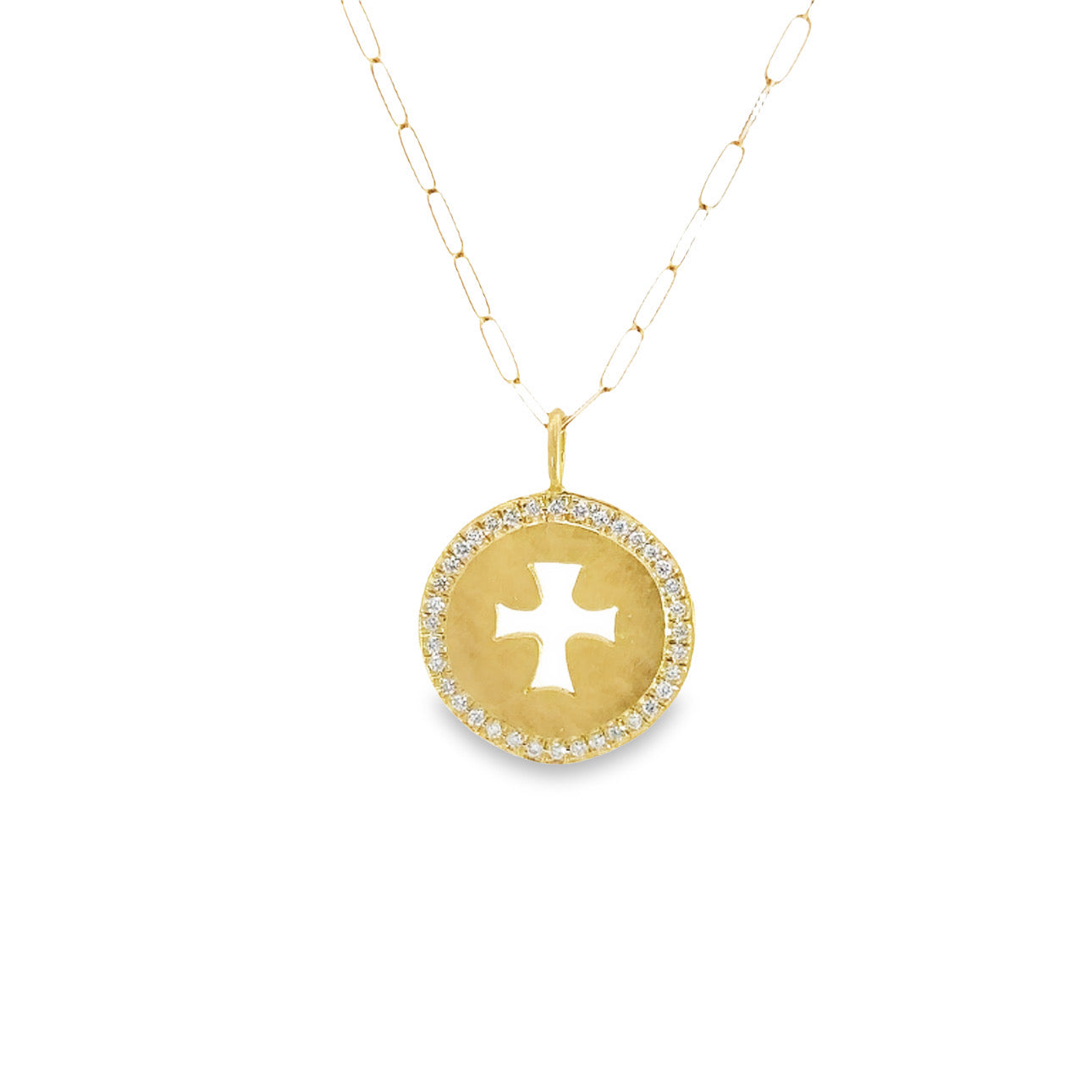 WD630 - 14kt gold diamond .28ct pave set diamond cross coin on 18inch linked chain necklace
