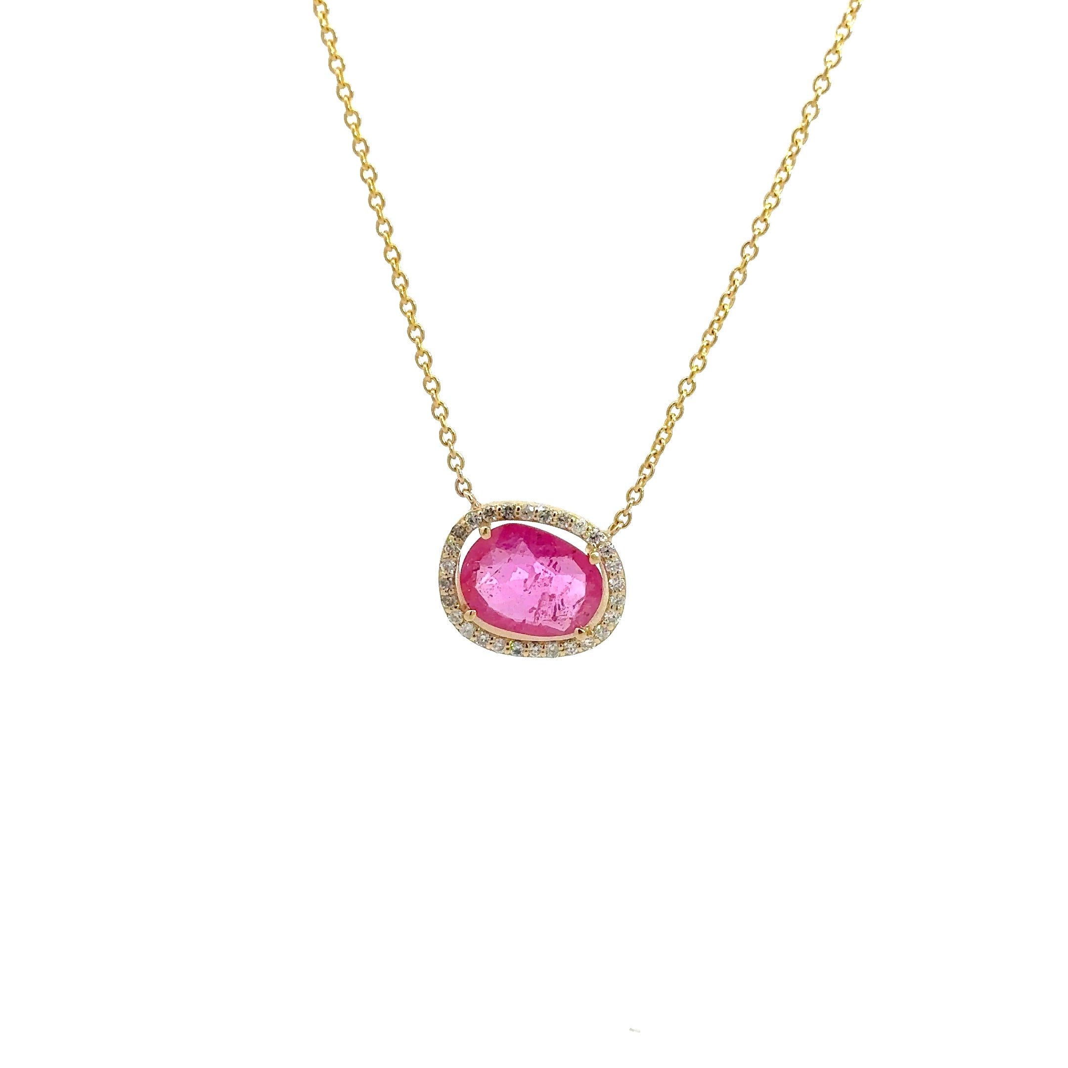 WD1223 Yellow Gold Rose Cut Hot Pink Sapphire with Diamond Halo Necklace