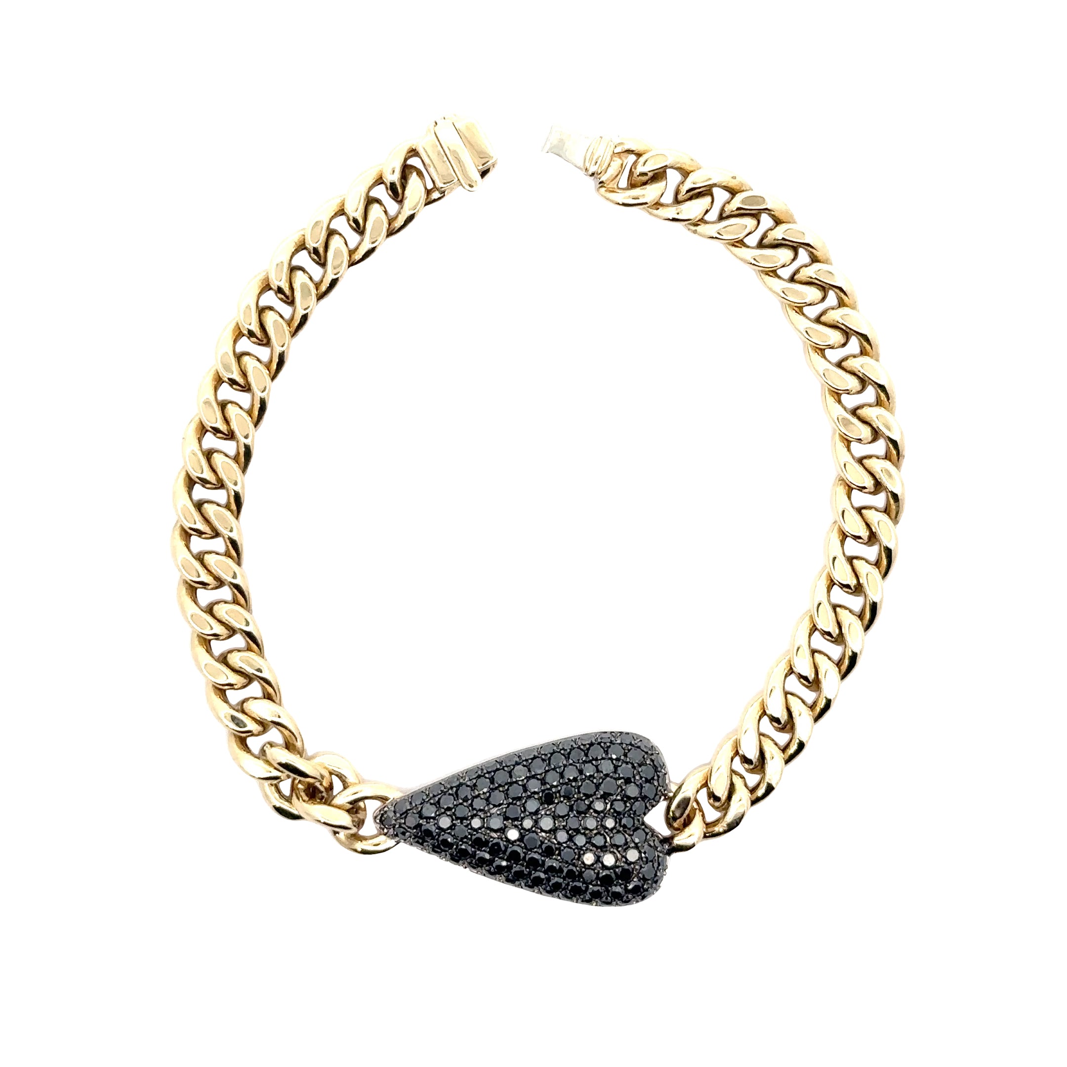 WD1286 14kt Gold Cuban Link Chain with Pave Black Diamond Heart Bracelet
