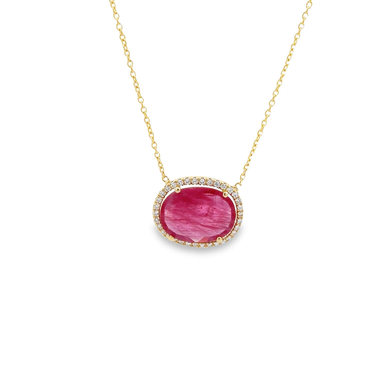 WD1263 14kt Rose Gold Organic Cut Ruby with Diamond Halo Necklace