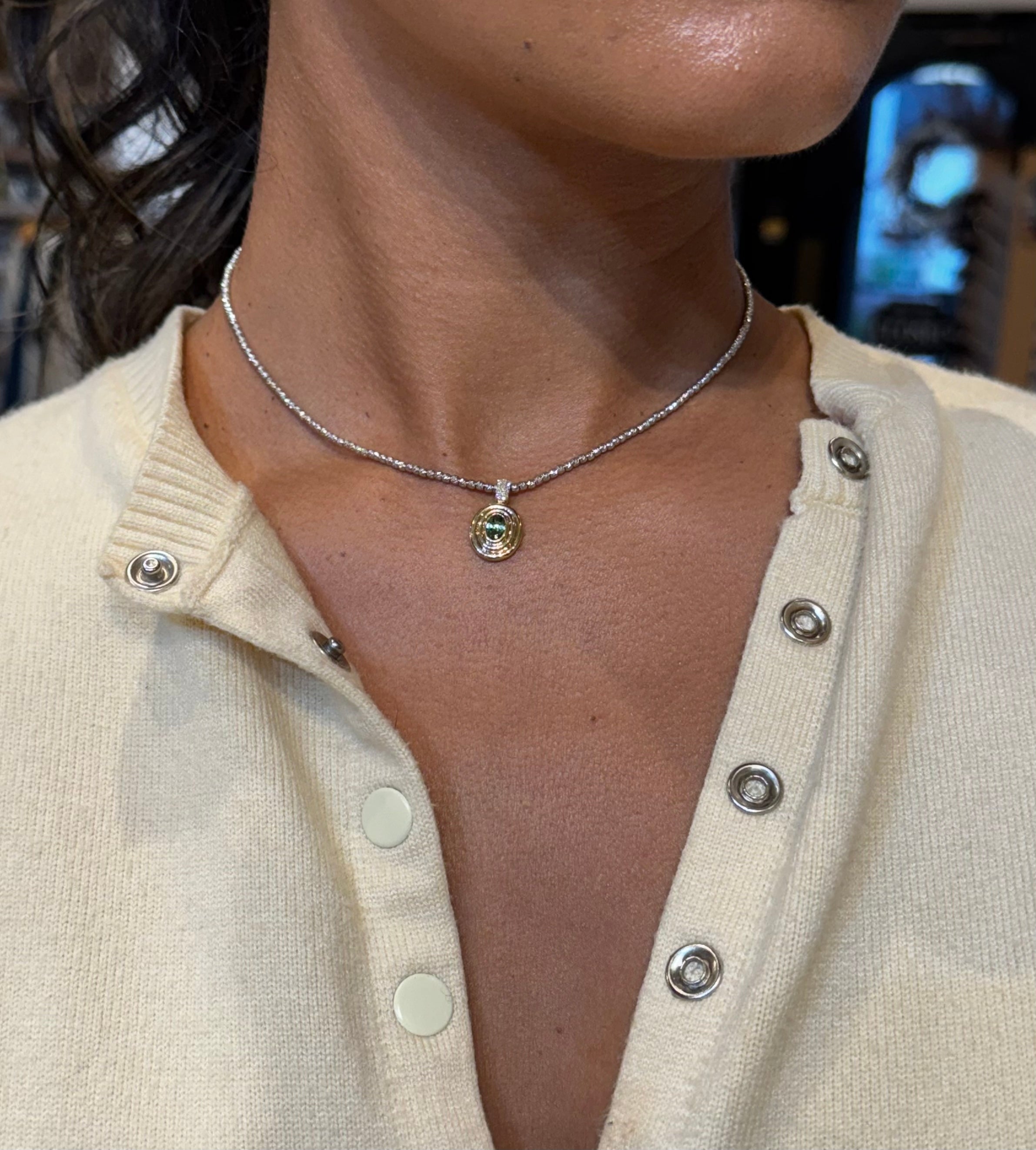 WD1824 14kt Gold Oval Pendant with Green Tourmaline and Pave Diamonds