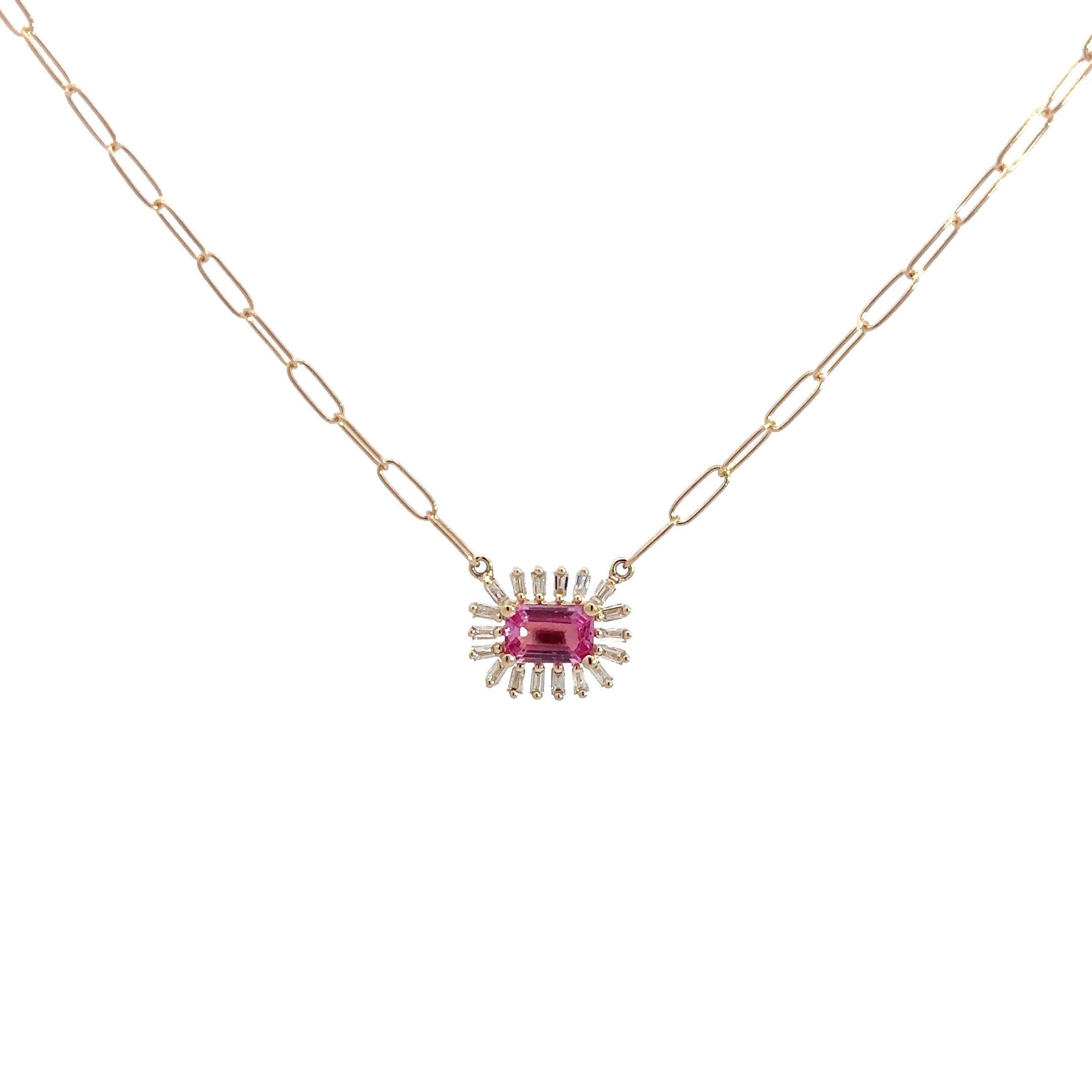 WD1202 14kt Pink Sapphire and Baguette diamond neckace