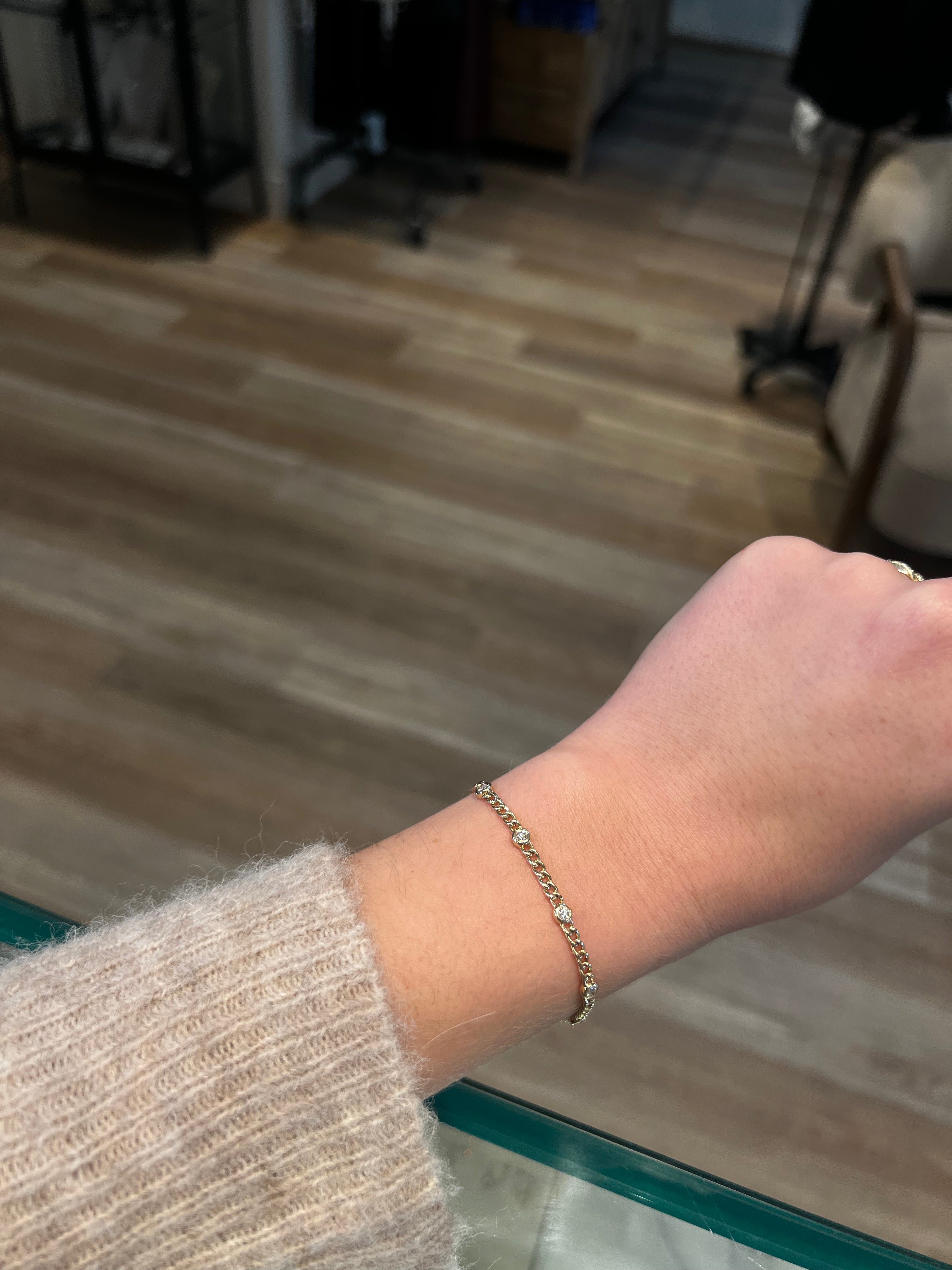 WD1901 14kt Gold Cuban Chain Bracelet with 5 Bezel Set Diamonds