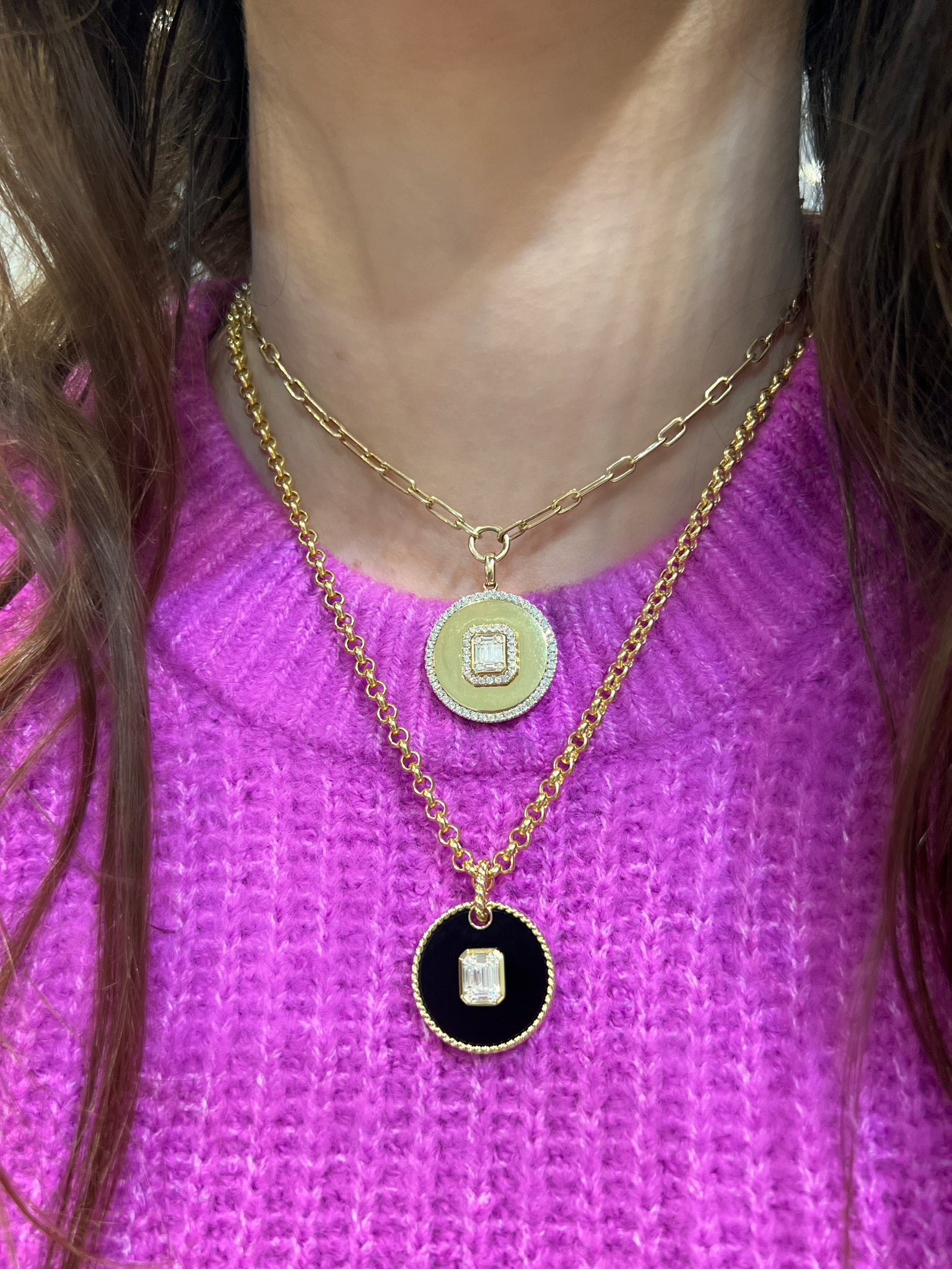 WD1251 14kt Gold Black Onyx Coin with Baguette Emerald Cut Diamond Necklace